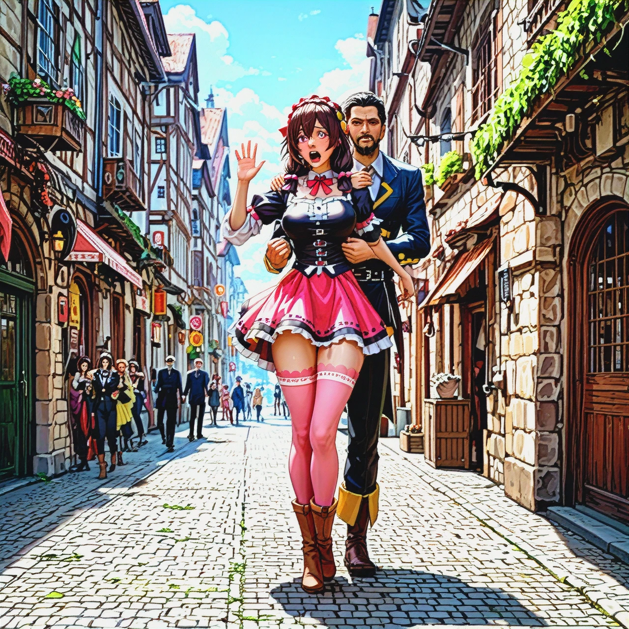 1 man + 1 girl, man, young, tall, walking through a medieval city, carrying @yunyun over his shoulder grab ass. @yunyun, tied up, waving her legs, screaming, crying, struggling, skirt hiked up, panties visible, pink stockings, high brown boots, full-length image.