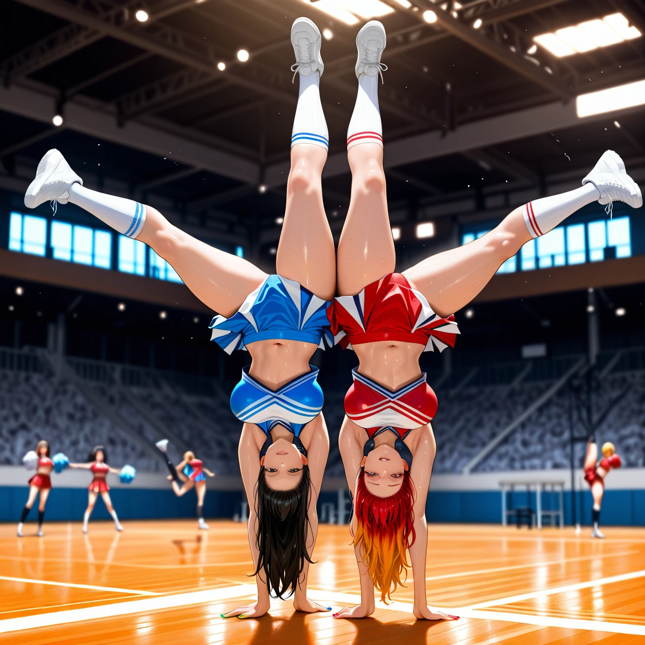 cheerleader, school gym , long hair, dyed hair, dyed nails, (full_body) foot, (balancing) long socks, many girls, (prostitution)  (medium_breasts) (teamwork) (bisexual_female) (handstand) , sneakers, long legs, flexible,  (leg_up)