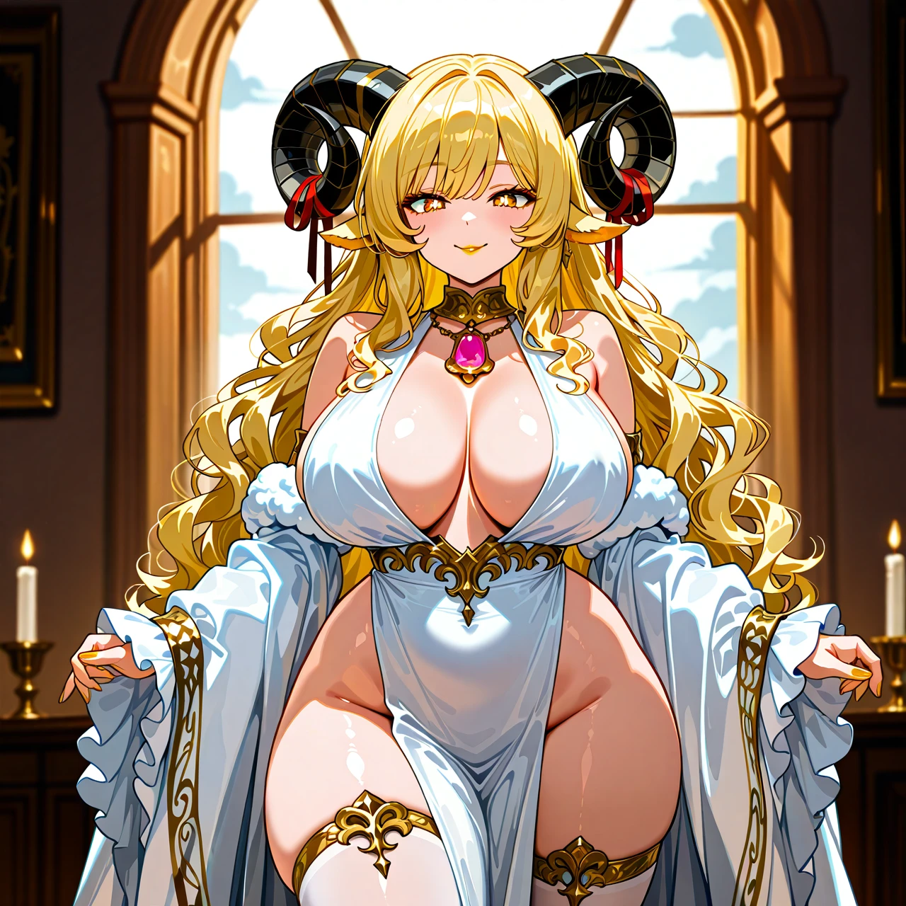 The character has a curvy and voluptuous body with an exaggerated hourglass figure. She has large breasts, wide hips, and thick thighs, giving her a highly stylized and fantasy-like appearance. Her arms and legs are also well-defined but maintain a soft, plush look.  Her face features golden, cat-like eyes with sharp pupils, giving her a somewhat playful and mischievous expression. She has blonde, fluffy annd wavy hair styled in two long, wavy pigtails, each adorned with a red ribbon. At the top of her head, she has two large, black ram-like horns curving outward. + golden lipstick, + golden eyeshadow  As for her clothing, she wears a tight-fitting, sleeveless white robes that highlights her curves. The outfit includes a decorative rim around the very low neckline with a pink pendant hanging from it. She also wears thigh-high stockings that end in fluffy, cloud-like sheep's wool. She also wears puffy wrist cuffs that looks like sheep wool