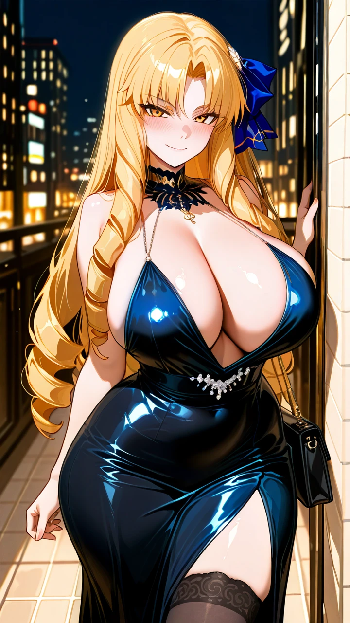 luviagelita_edelfelt fate_(series) (paizuri) (futanari) (solo_focus) big_ass   big_breasts   blonde_hair   blush   building   busty   city   cleavage   curvy   dress   female   futanari_only   from_side   hair_ornament   holding_purse   long_hair   looking_at_viewer   nighttime   purse   satin   satin_dress   shiny_dress   smile   solo   thick_thighs