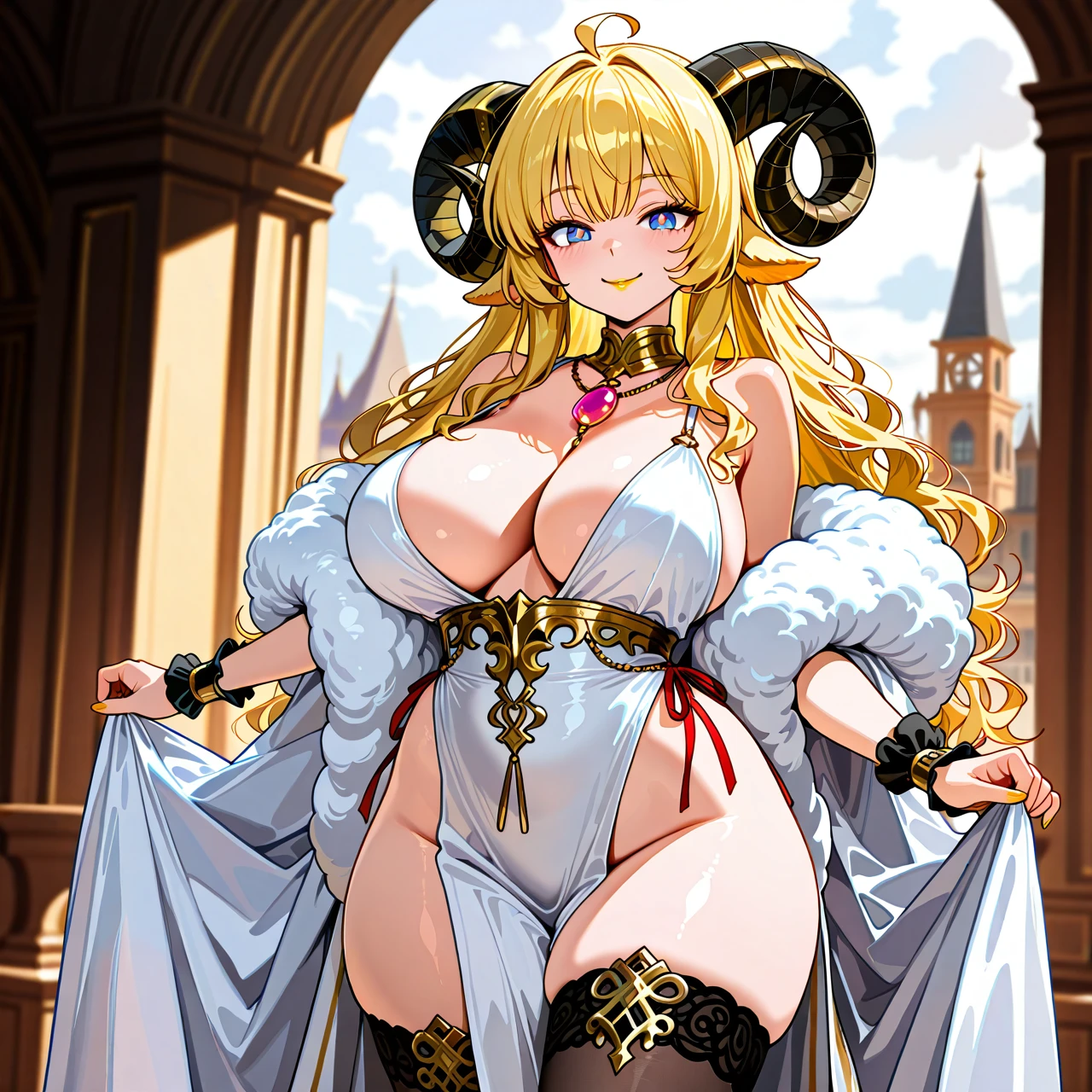 The character has a curvy and voluptuous body with an exaggerated hourglass figure. She has large breasts, wide hips, and thick thighs, giving her a highly stylized and fantasy-like appearance. Her arms and legs are also well-defined but maintain a soft, plush look.  Her face features golden, cat-like eyes with sharp pupils, giving her a somewhat playful and mischievous expression. She has blonde, fluffy annd wavy hair styled in two long, wavy pigtails, each adorned with a red ribbon. At the top of her head, she has two large, black ram-like horns curving outward. + golden lipstick, + golden eyeshadow  As for her clothing, she wears a tight-fitting, sleeveless white robes with black and gold highkights that highlights her curves. The outfit includes a decorative rim around the very low neckline with a pink pendant hanging from it. She also wears thigh-high stockings that end in fluffy, cloud-like sheep's wool. She also wears puffy wrist cuffs that looks like sheep wool