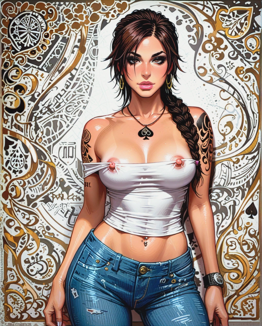 @lara_croft, milf, bimbo, (perky_breasts), (flat_chest), (nipple_slip), nipples piercing, belly piercing, (eyelashes), (eyeliner), cleavage, tattoos, blouse, jeans, spades symbol necklace, sexy pose, (hair_twirling)