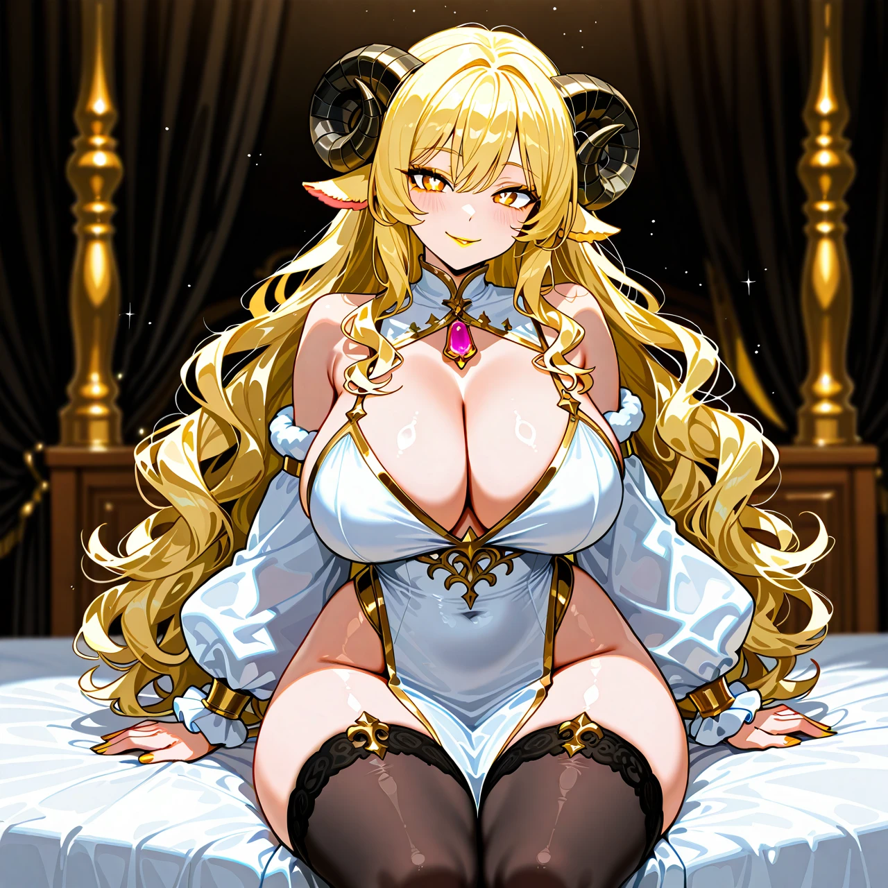 The character has a curvy and voluptuous body with an exaggerated hourglass figure. She has large breasts, wide hips, and thick thighs, giving her a highly stylized and fantasy-like appearance. Her arms and legs are also well-defined but maintain a soft, plush look.  Her face features golden, cat-like eyes with sharp pupils, giving her a somewhat playful and mischievous expression. She has blonde, fluffy annd wavy hair styled in two long, wavy pigtails, each adorned with a red ribbon. At the top of her head, she has two large, black ram-like horns curving outward. + golden lipstick, + golden eyeshadow  As for her clothing, she wears a tight-fitting, sleeveless white robes that highlights her curves. The outfit includes a decorative rim around the very low neckline with a pink pendant hanging from it. She also wears thigh-high stockings that start with fluffy sheep's wool. She also wears puffy wrist cuffs that look like sheep wool