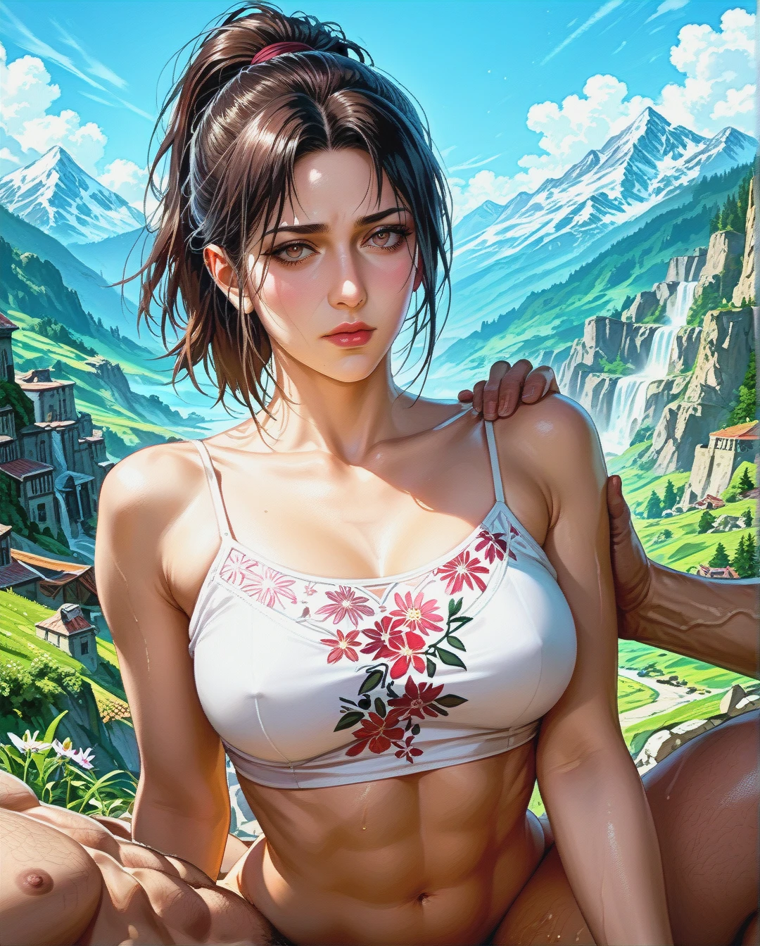 Jang Sun young, mature, attack on Titan, sex sex Breast, mountains,,High Real Realistic Realistic, ponytail ponytail, medium breast,crop top white camisole pink floral,oldman group