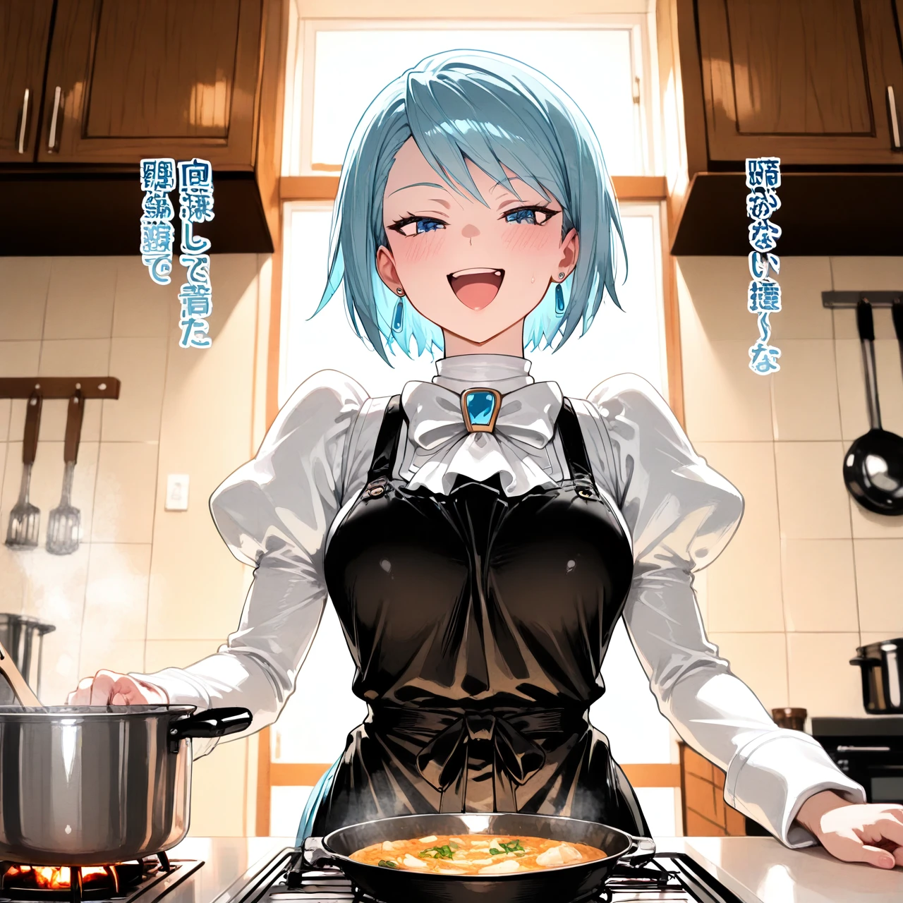 Franziska Fon Karma , wearing an apron, in kitchen, cooking , smiling, talking mouth, happy, cute pose