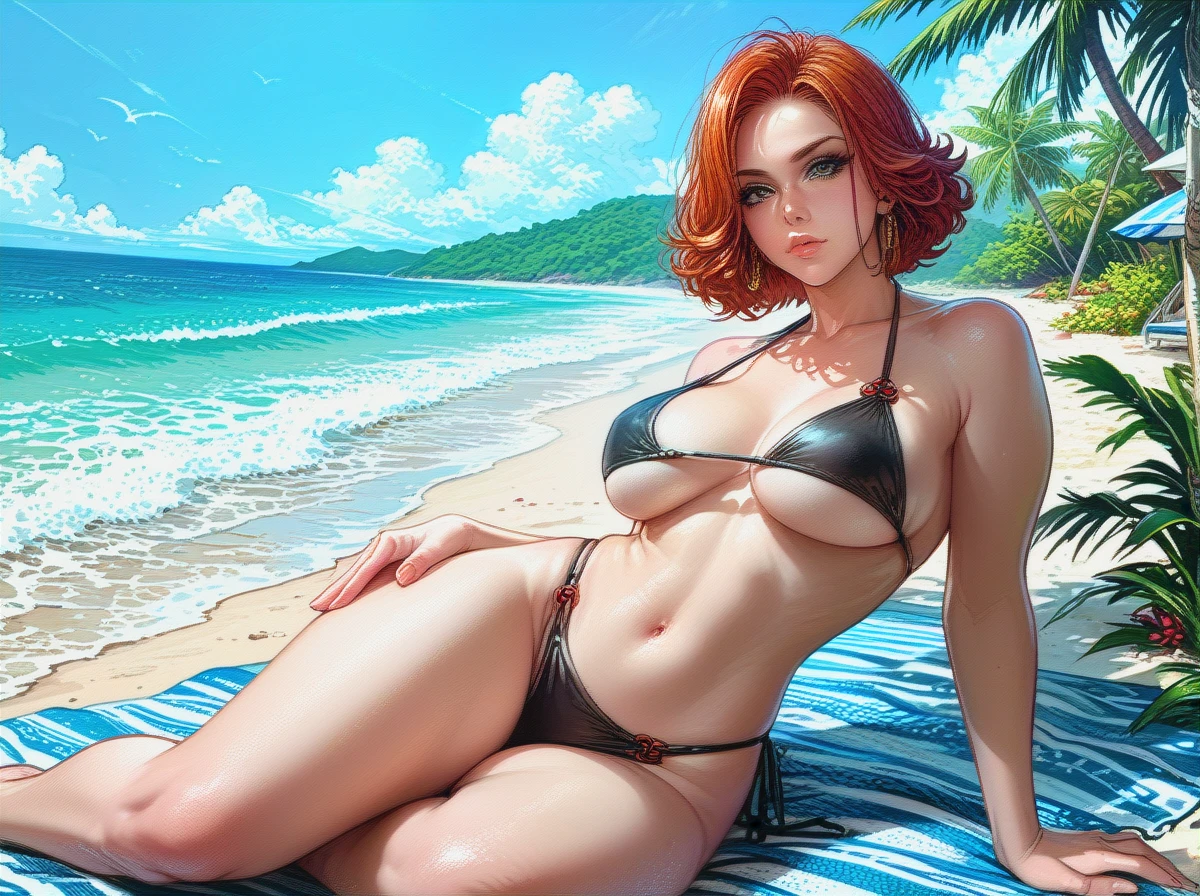 Black Widow, beautiful eyes, busty, bikini, underboob, belly, on beach, sitting, thighs