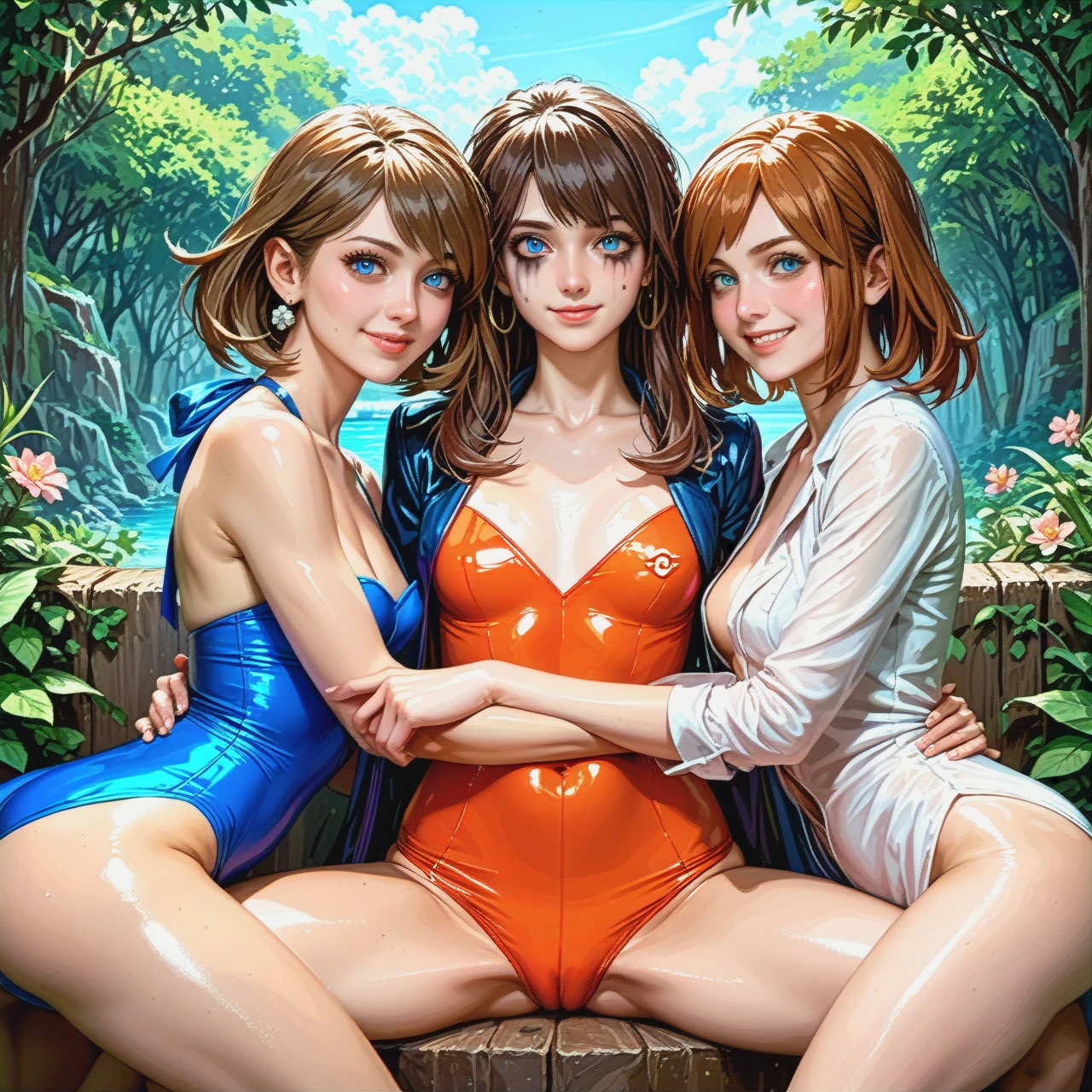 @may_pokemon,3girls,realistic face,flat chest,dawn,petite body, ,shiny skin,cute smile,realistic,tight hug,ruined makeup,skinny,spread legs,,Open dress