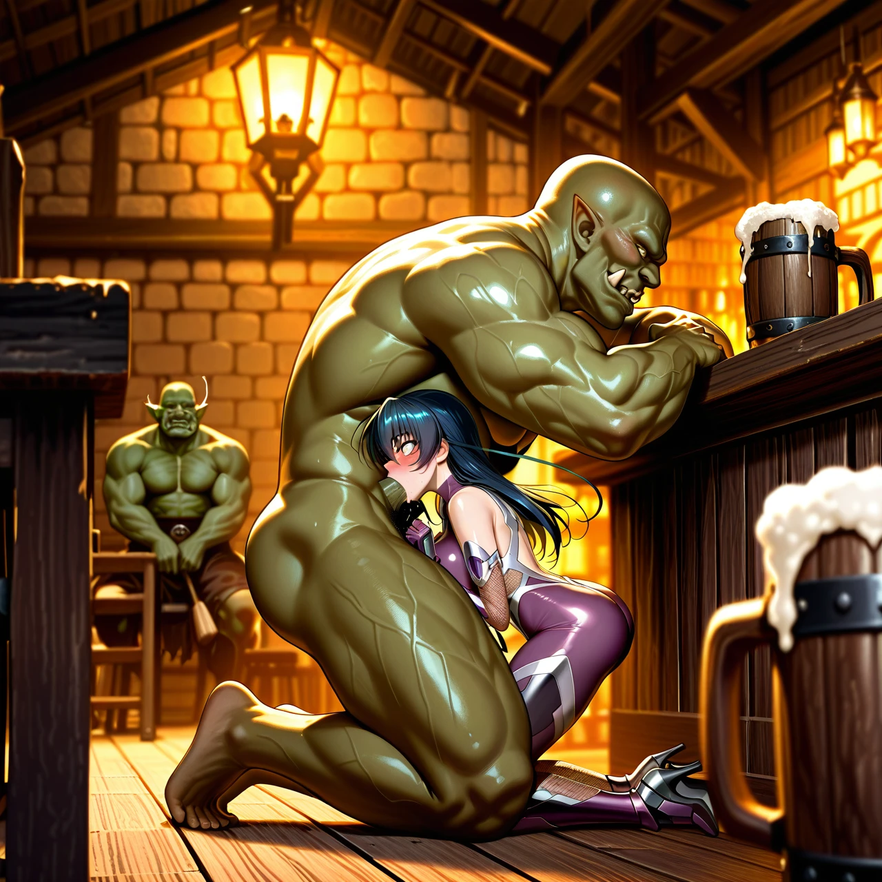 @igawa_asagi, beer mugs, in a tavern, surprised face, blushing, surrounded by muscular orc with their dicks out, wide shot, (panicking), looking to the side, surprised face, full body, wide shot, (irrumatio), (kneeling),