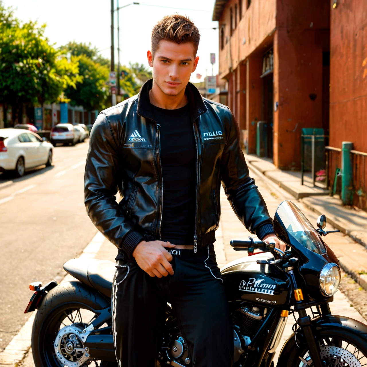 White man in thighs black motorcycle outfit