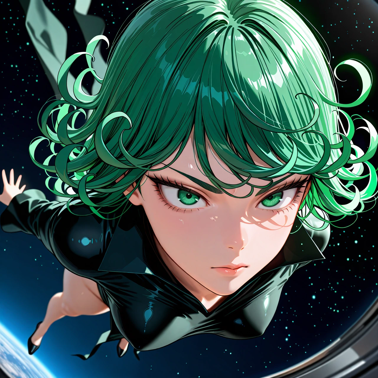 @tatsumaki, 1 girl, in space, hyper-realistic CG, realistic faces, realistic eyes, very detailed, high resolution, extreme detail,  floating, detailed face, full body foto, (serious) (from_below)