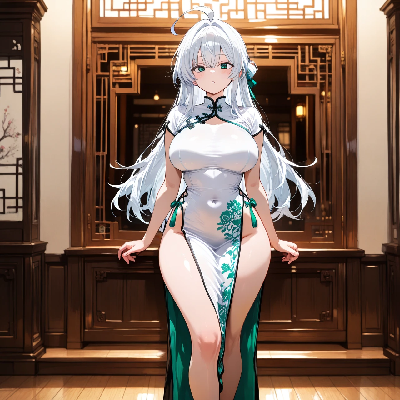 ahoge , slim waist , long legs , big hips , (large_breasts) , white Chinese dress , white hair , emerald  eyes , long hair , ecstasy ,