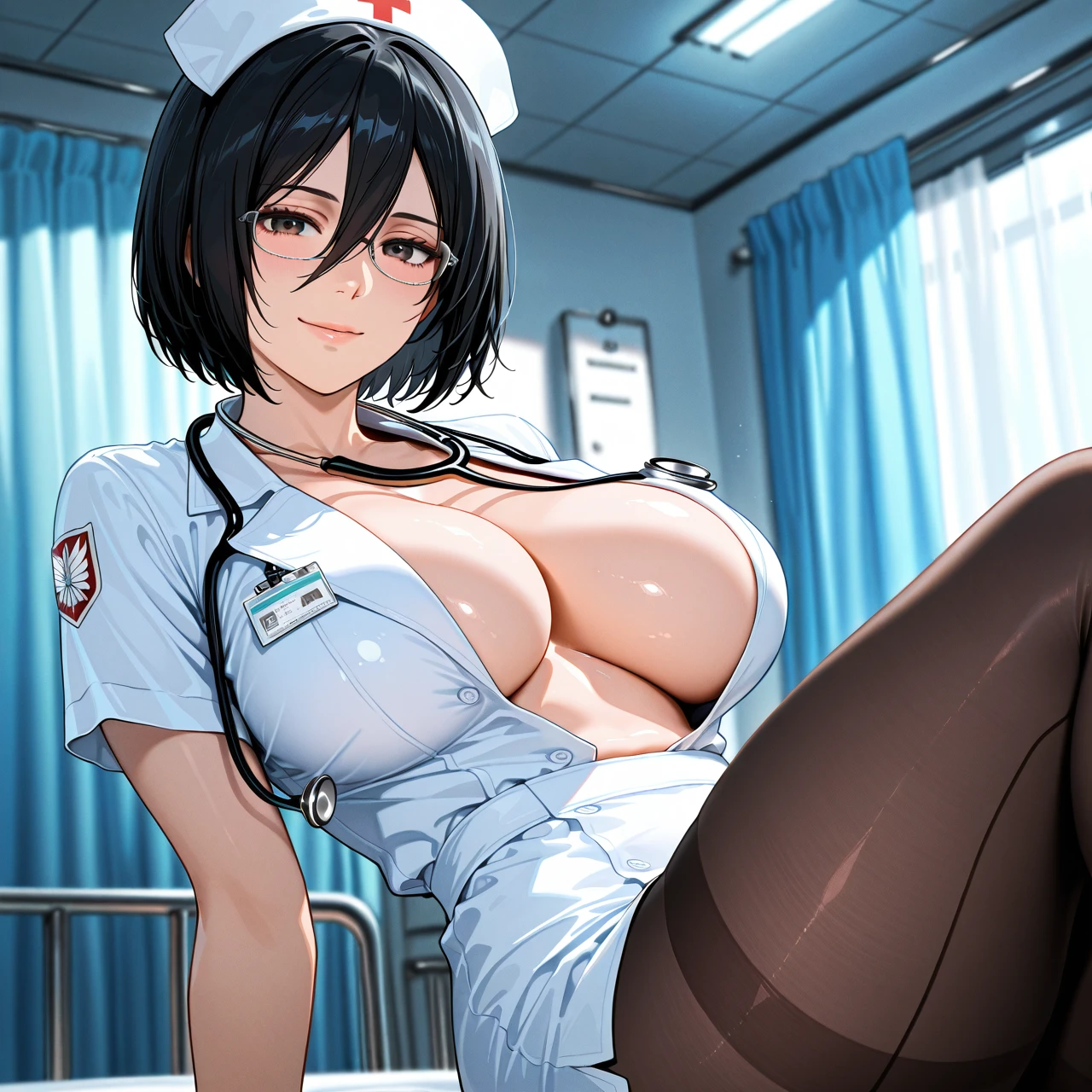 @mikasa_ackerman , solo, (huge_breasts) , (cleavage) ,nurse, nurse cap, bare stomach, nurse outfit, smile,tights, hospital,leaning back, stethoscope on neck, glasses on eyes