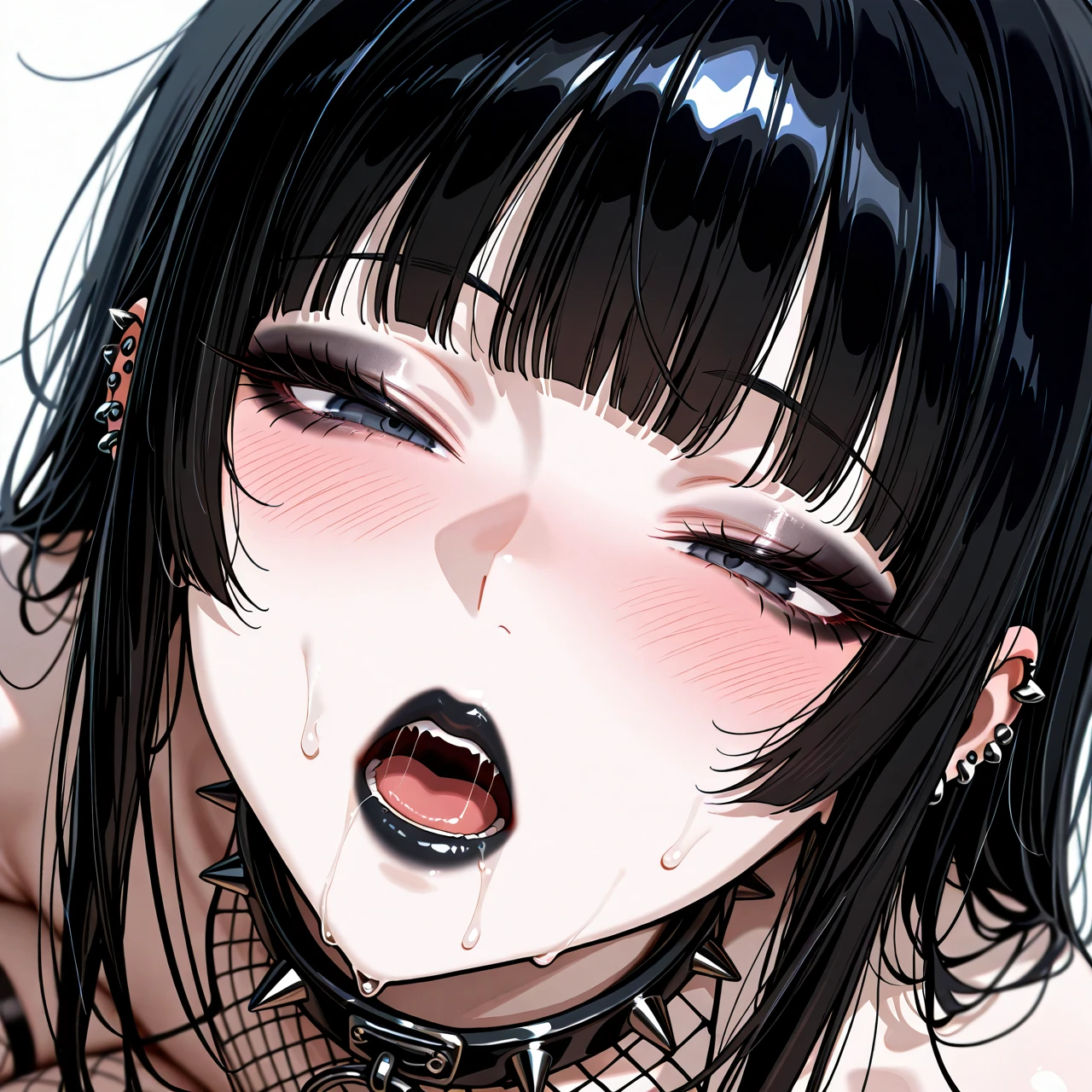 long loose hair, blunt bangs, black hair, half closed eyes, sleepy eyes, open mouth, pleasure face, pale skin, thick thighs, blush, piercing, black nails, black lipstick, naked, goth accessories, fishnet stockings, collar, extreme detail description, highly detailed, extreme detail description, highly detailed, perfect anatomy