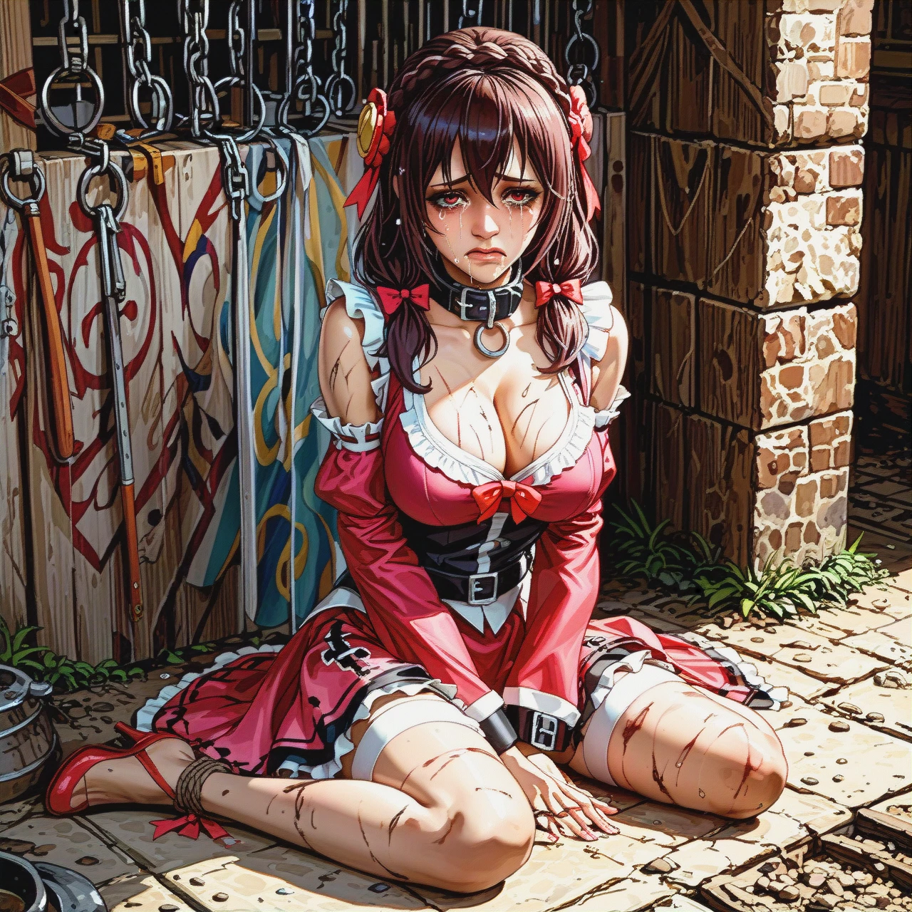 @yunyun, sitting on the ground, tied up, slave collar, dirty face, mascara running, crying, sad, skirt hiked up, panties visible, cleavage, slave market, full-length image.