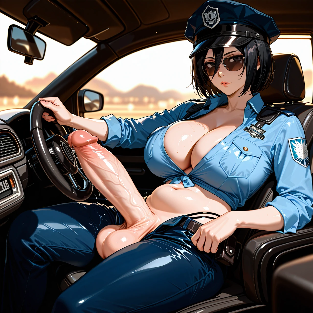 @mikasa_ackerman , solo, (huge_breasts) , clothed, cleavage, in car, sitting, police uniform, sunglasses , no scarf, cap, (futanari) , big penis , balls,belly, black hair, hand on handlebar,drinking water