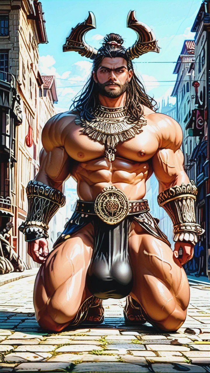 xxx, romantic couple, evil muscular conqueror-barbarian with erectile dysfunction makes a kneeling fantasy Amazon lick his gigantic balls, flat sole of leather black slippers-sandals, bronze collar, big boob, bronze bracers and greaves, location: The grotesque Middle Ages of Scandinavia, outdoors, a crossroads in the meadows against the background of a distant fortress