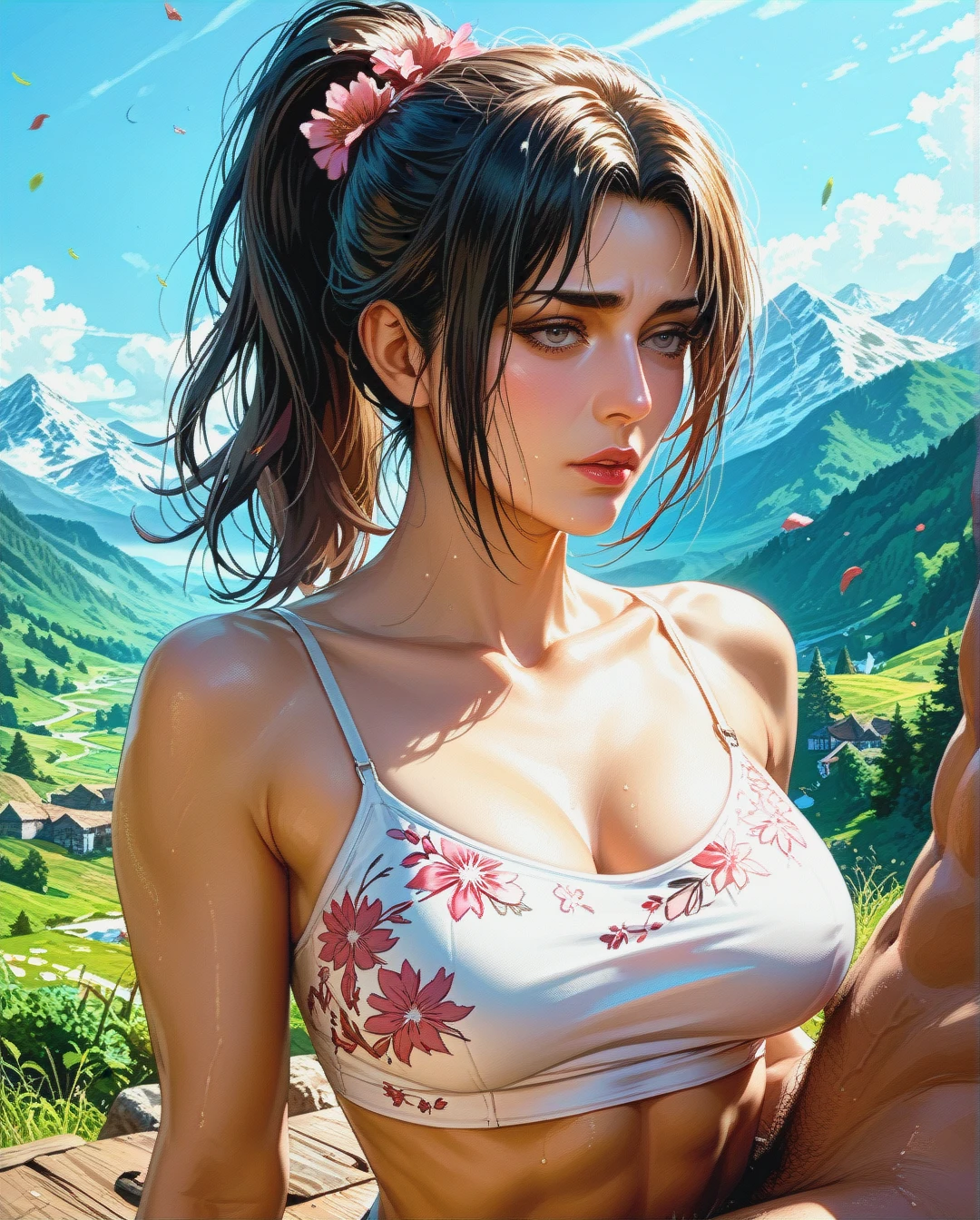 Jang Sun young, mature, attack on Titan, sex sex Breast, mountains,,High Real Realistic Realistic, ponytail ponytail, medium breast,crop top white camisole pink floral,