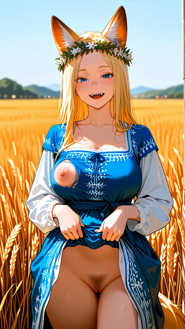 Fox girl, fox tail, smiling, pubic hair, slavic dress, tradition slavic clothes, wheat field, blue eyes, (dress_lift), looking on viewer, 8k, hires, best quality, fangs, wreath of flowers, breast, nipples, (grabbing_own_breast),