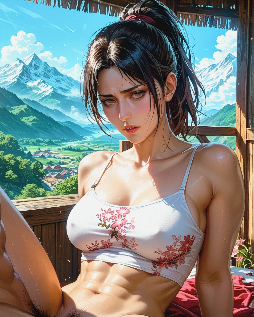 Jang Sun young, mature, attack on Titan, sex sex Breast, mountains,,High Real Realistic Realistic, ponytail ponytail, medium breast,crop top white camisole pink floral,