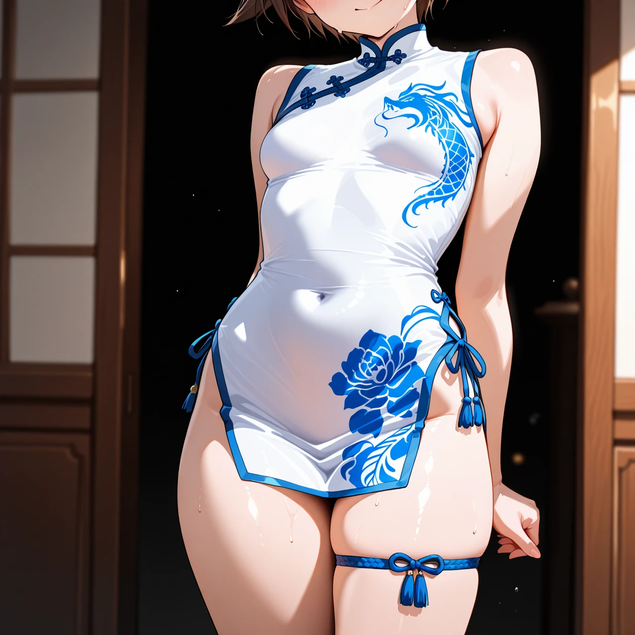 1girl,@miyafuji_yoshika,standing ,looking_at_viewer,half_smile, ,cosplay,China_dress),(((lolli))),upper_thigh,