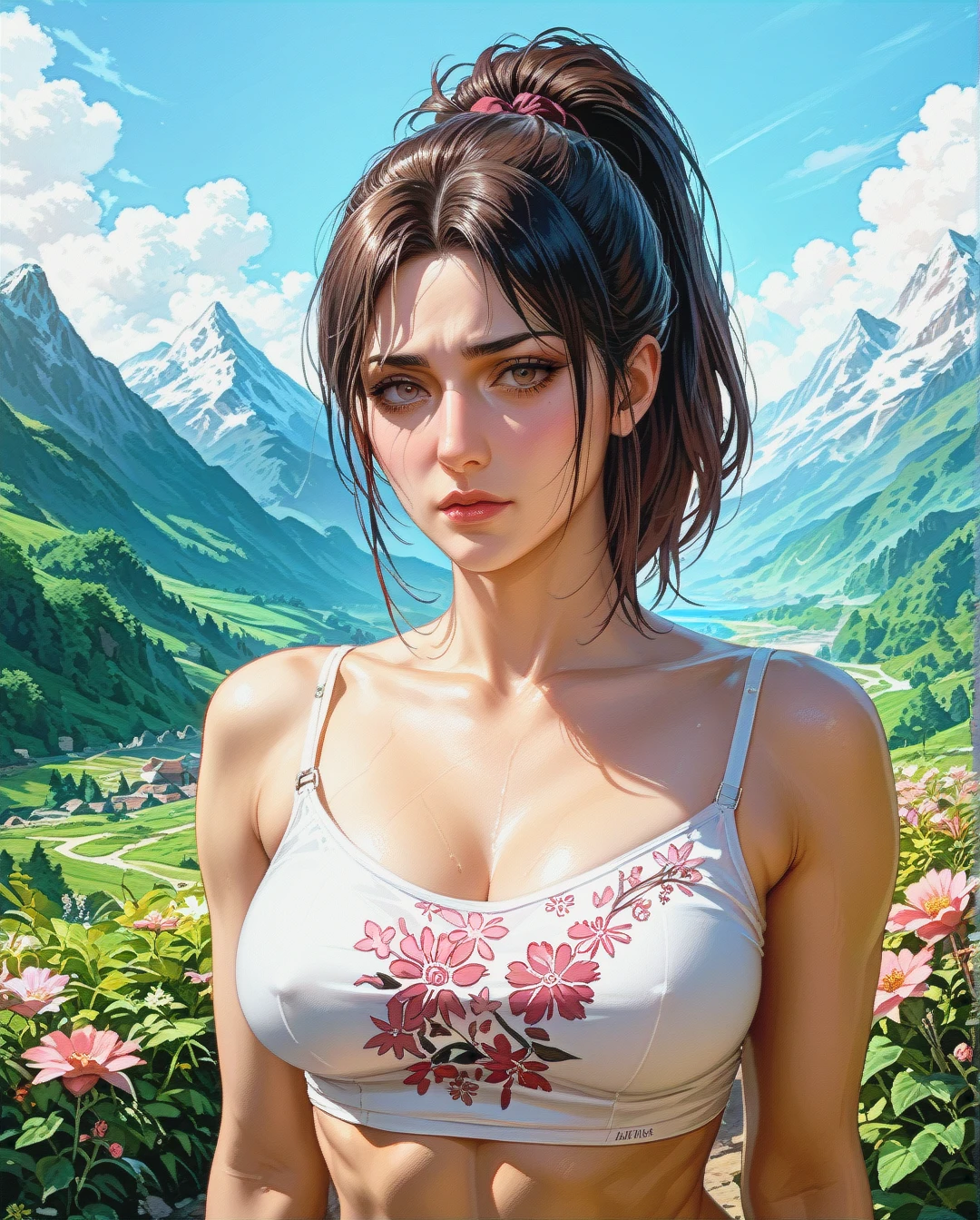 Jang Sun young, mature, attack on Titan, sex sex Breast, mountains,,High Real Realistic Realistic, ponytail ponytail, medium breast,crop top white camisole pink floral,