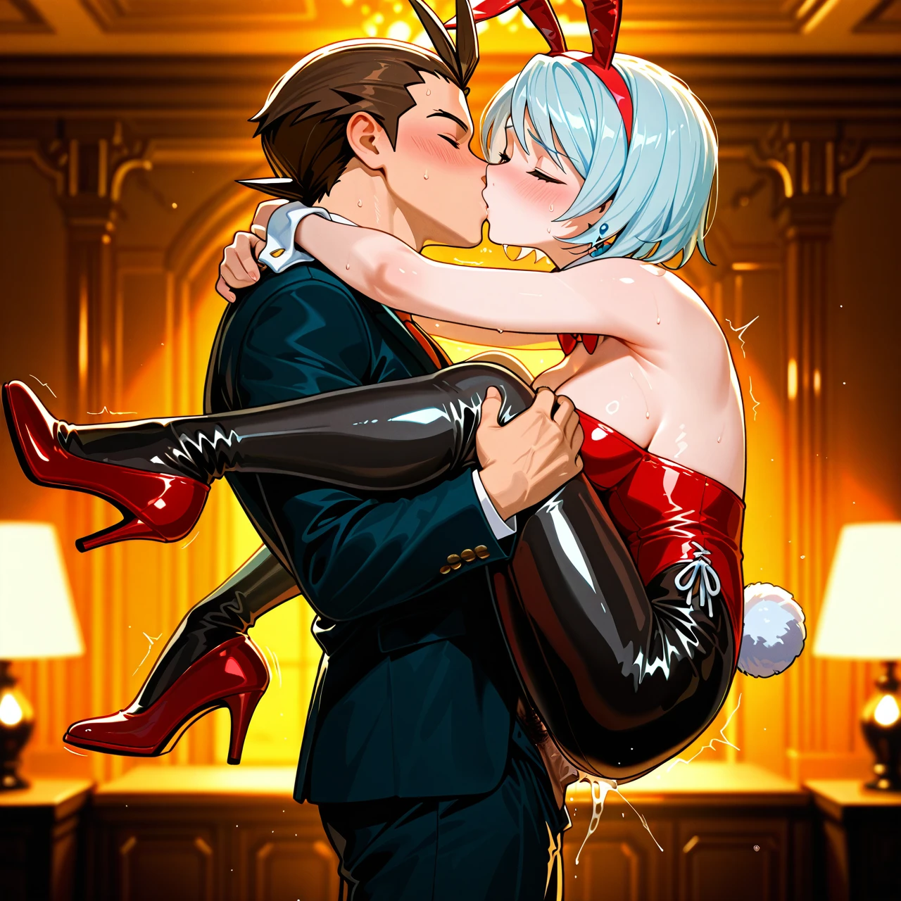 Apollo Justice(in clothed) Franziska Fon Karma(bunny suit), 1boy, 1girl, male on girl , The picture shows two guys, you can see both bodies, two faces, , (sex) (vaginal)  (legs_up) bedroom,   sex, holding his leg, ,  side view, face, (embarrassed) (happy) , (princess_carry) in clothed, big more pubic hair, The guy holds her in his arms, and the girl wraps her arms around his neck, wide view, full picture, boy stand, (kissing_neck) She wrapped her legs around his back