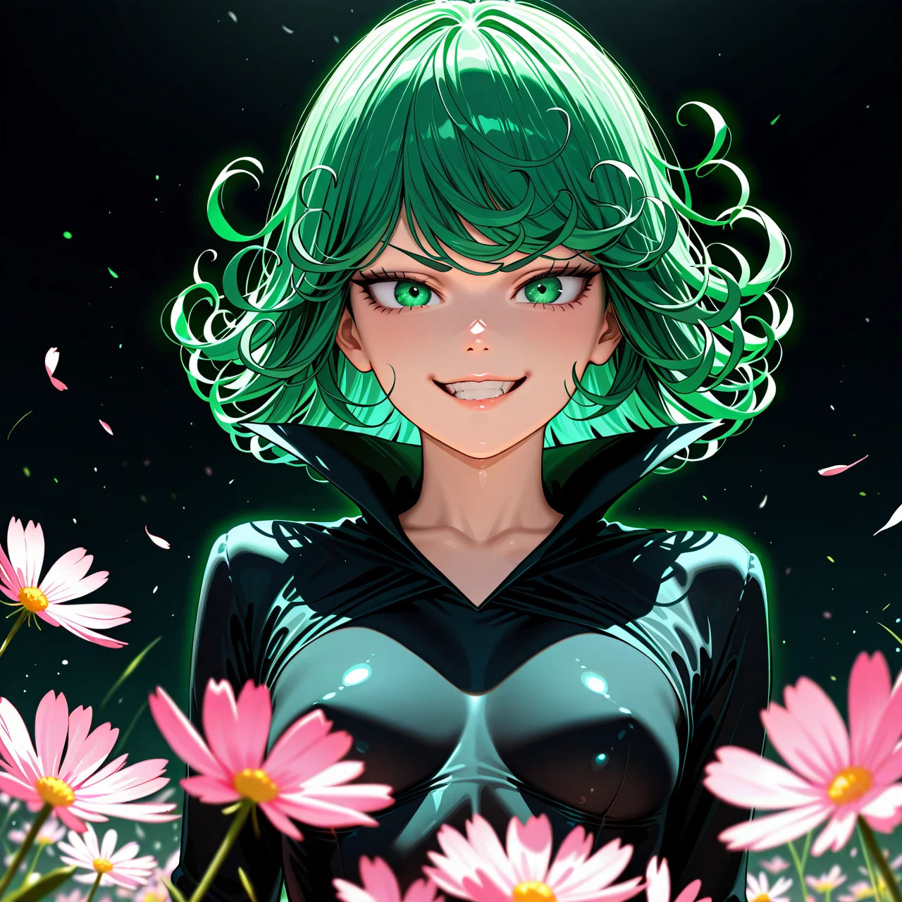 @tatsumaki, 1 girl, cosmos, , hyper-realistic, realistic faces, realistic eyes, very detailed, high resolution, extreme detail, , detailed face, full body foto, (evil_smile), (v-shaped_eyebrows) (from_below) (dress_lift)