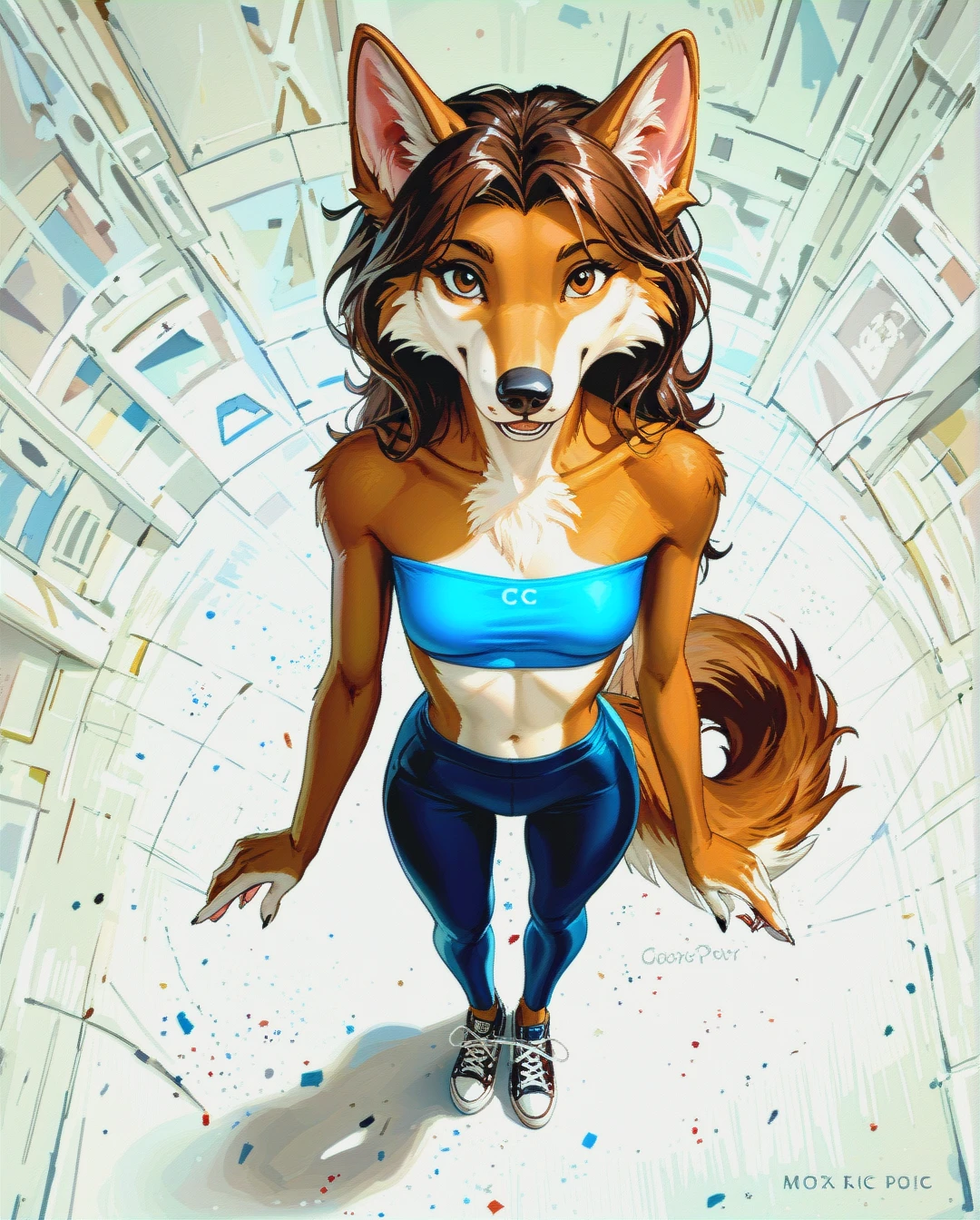 (Full head of hair), (Straight hair), (anthro canine Anorexic), [digital painting style:50], (standing), (petite teen canine anthro),from above, (long brown straight hair),  (blue tube top), (yoga pants), (converse shoes), (skinny), (skinny Anorexic), (sexy puppy body), (from above),(brown fully straight hair), (anthro canine puppy), (anthro canine Anorexic) (brown fur), petite body, (nude), (from above), full body, (brown anthro fur), (anthro canine Anorexic puppy), (white backdrop), [digital painting style:50], long tail