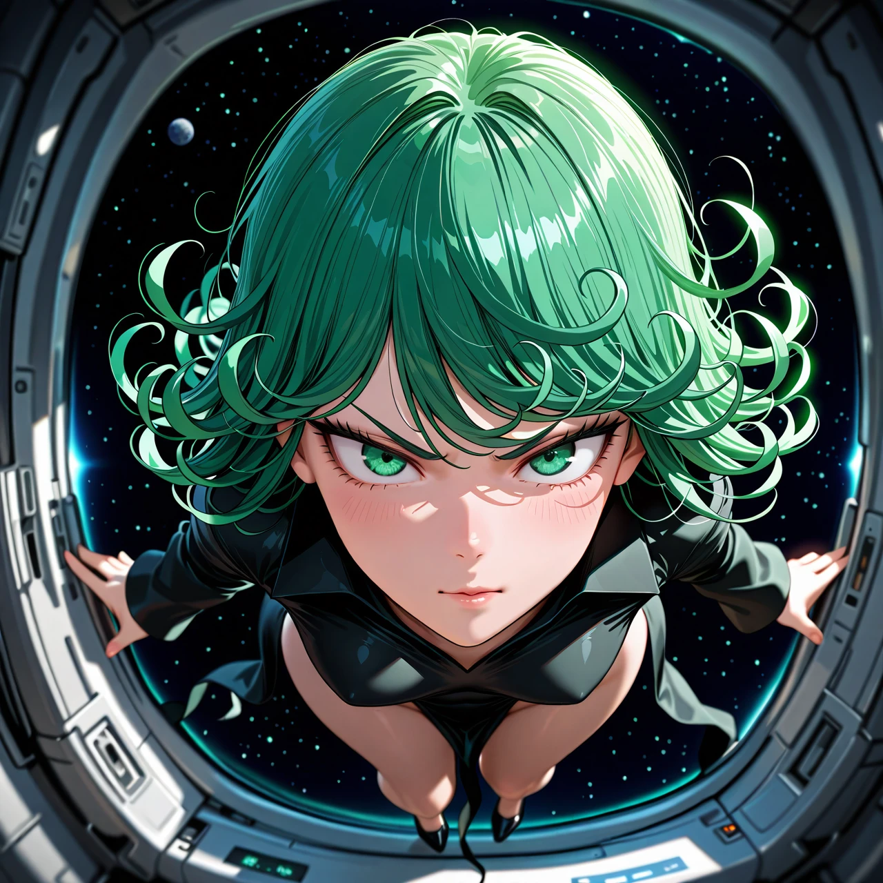 @tatsumaki, 1 girl, in space, hyper-realistic CG, realistic faces, realistic eyes, very detailed, high resolution, extreme detail, , detailed face, full body foto, (tsundere) (from_below)