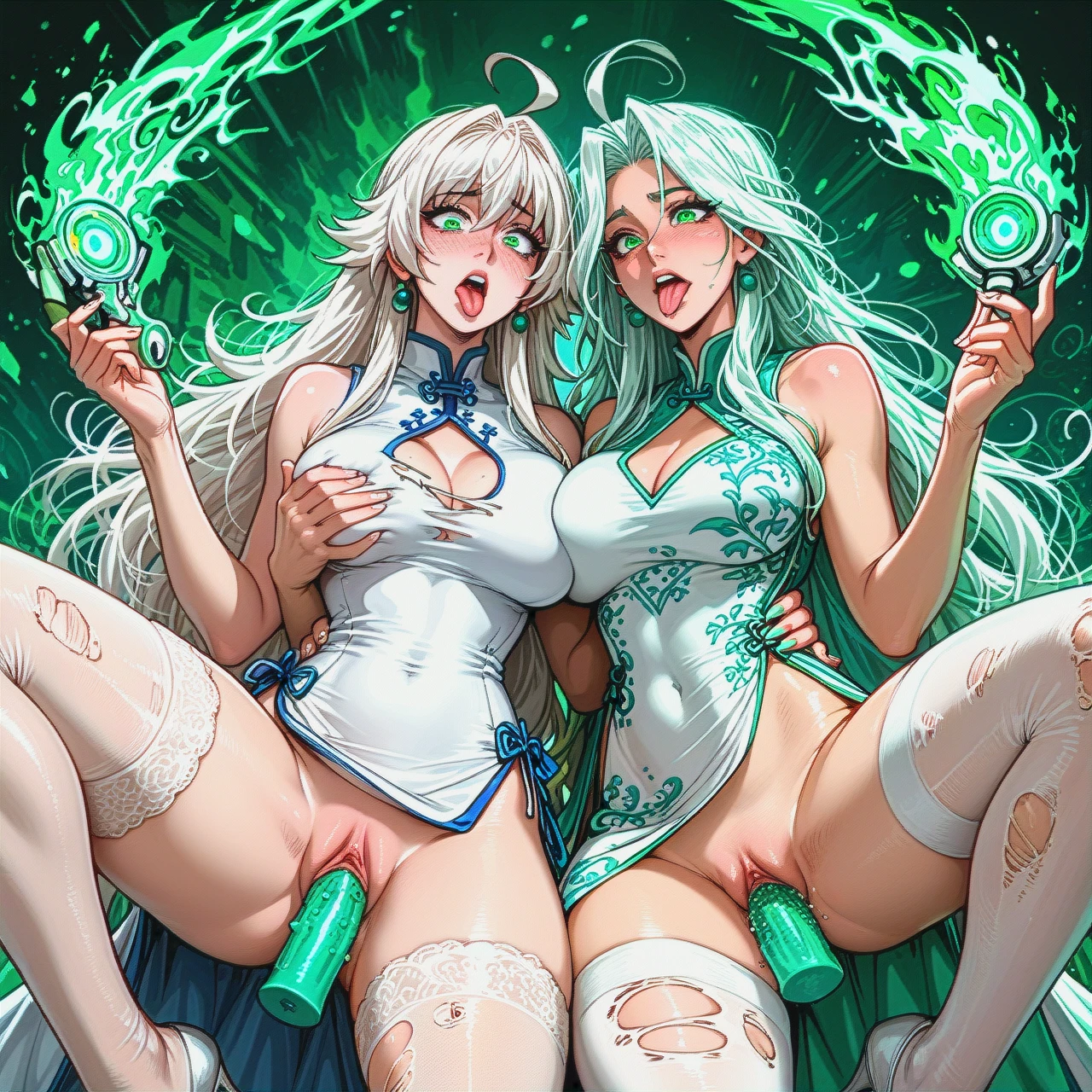 Tow girls , ahoge , slim waist , long legs , big hips , (large_breasts) , white Chinese dress , white hair , emerald  eyes , long hair , shock , Manhua , (vaginal_object_insertion) , jade dildo , hard penetration , (long_tongue) , (rolling_eyes) , cooperative , (breast_grab) , torn clothes , stockings