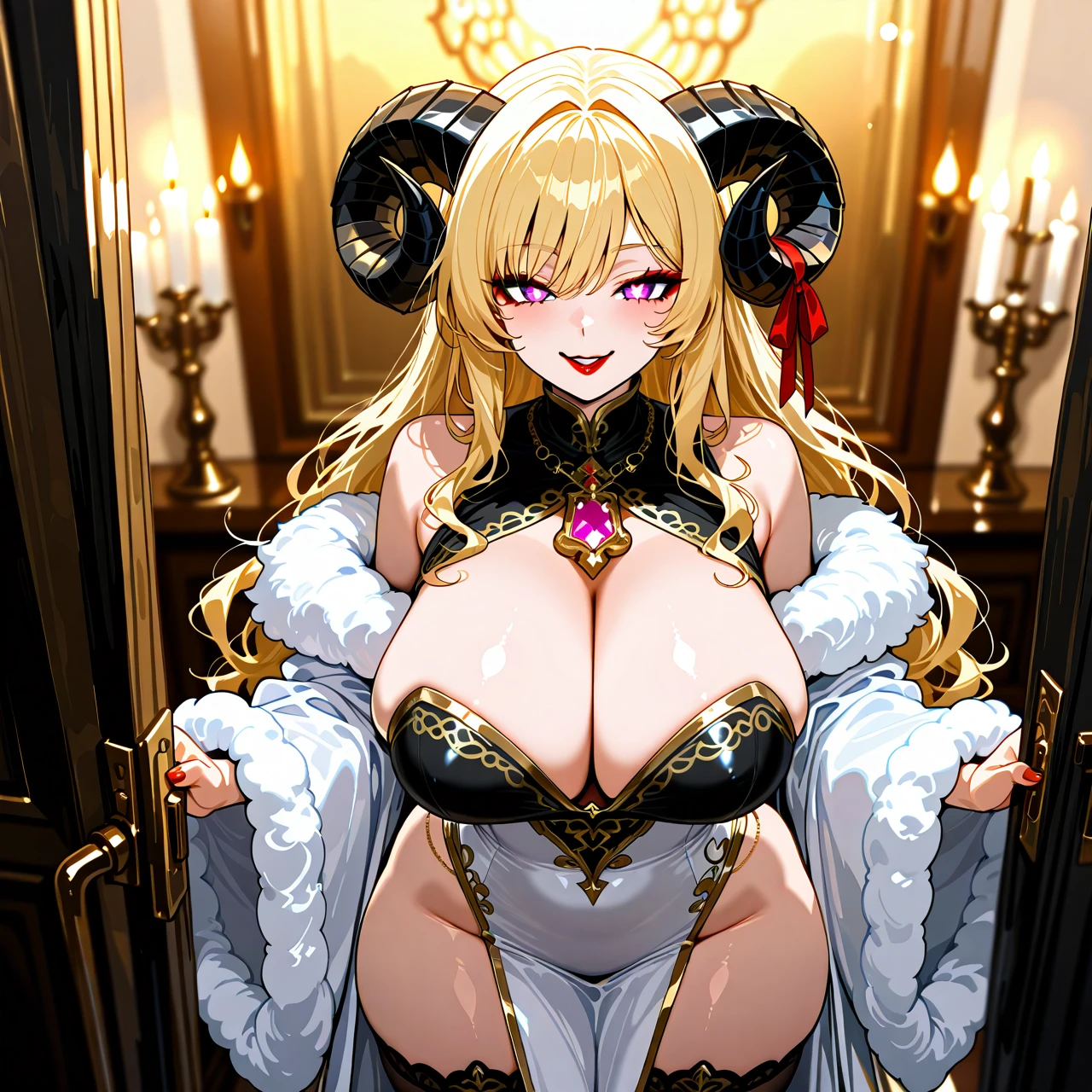 Body=curvy and voluptuous body with an exaggerated hourglass figure. She has large breasts, wide hips, and thick thighs. Her human arms and legs are also well-defined but maintain a soft, plush look.  Head=face features golden, cat-like eyes with sharp pupils, giving her a somewhat playful and mischievous expression. Blonde, fluffy annd wavy long hair. Two large, black ram-like horns curving outward at the top of her head (that make for excellent handlebars) each adorned with a red ribbon. Makeup: golden lipstick + golden eyeshadow.  Clothing=tight-fitting, sleeveless white robes that highlights her curves. The outfit includes a decorative rim around the very low neckline with a pink pendant hanging from it. Thigh-high stockings that start with fluffy sheep's wool.