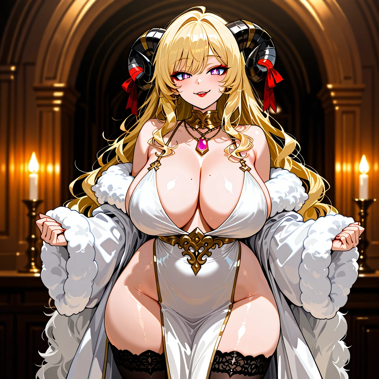 Body=curvy and voluptuous body with an exaggerated hourglass figure. She has large breasts, wide hips, and thick thighs. Her human arms and legs are also well-defined but maintain a soft, plush look.  Head=face features golden, cat-like eyes with sharp pupils, giving her a somewhat playful and mischievous expression. Blonde, fluffy annd wavy long hair. Two large, black ram-like horns curving outward at the top of her head (that make for excellent handlebars) each adorned with a red ribbon. Makeup: gilded lipstick + gilded eyeshadow.  Clothing=tight-fitting, sleeveless white robes that highlights her curves. The outfit includes a decorative rim around the very low neckline with a pink pendant hanging from it. Thigh-high stockings that start with fluffy sheep's wool.