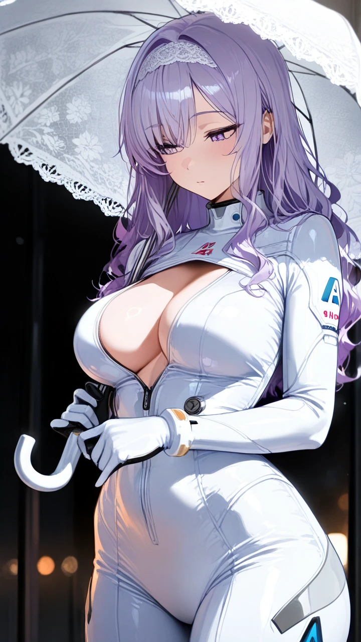 1 girl, long Light purple hair, Wavy hair, deep neckline, She's wearing a white bodysuit., Lace headband white, lace umbrella, A sly look at us, blue