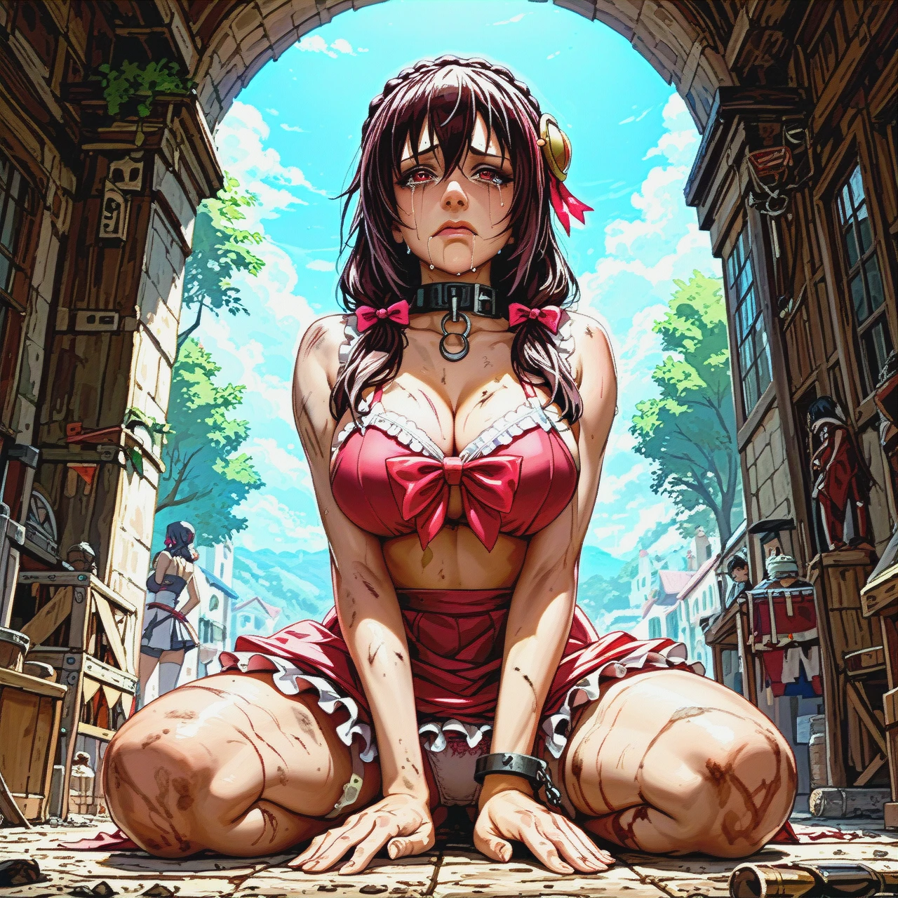 @yunyun, sitting on the ground, tied up, slave collar, dirty face, mascara running, crying, sad, skirt hiked up, panties visible, cleavage, slave market, full-length image.