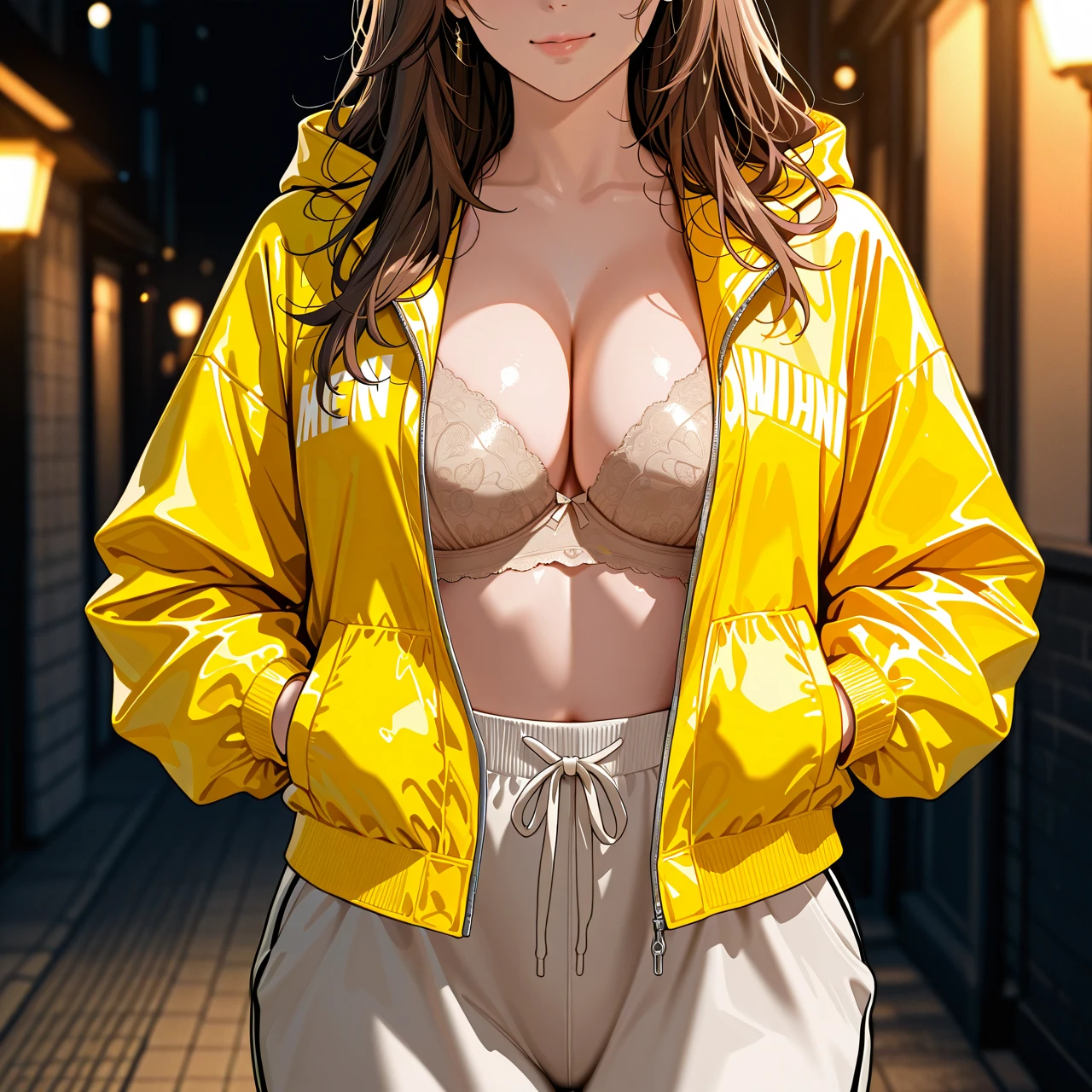 A woman with long brown hair, wearing a bright neon yellow zip-up jacket over a beige bra and bright turquoise sweatpants,  posing in a modern, , with attention to detail on the textures and lighting, capturing the specific fashion style and body proportions.