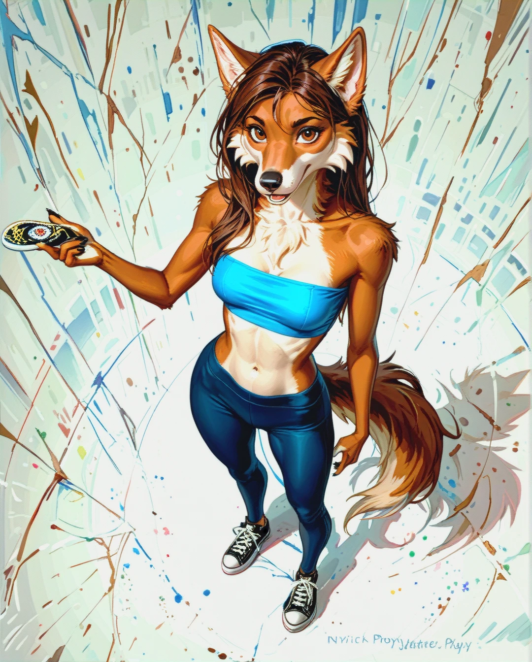 (Full head of hair), (Straight hair), (anthro canine Anorexic), [digital painting style:50], (standing), (petite teen canine anthro),from above, (long brown straight hair),  (blue tube top), (yoga pants), (converse shoes), (skinny), (skinny Anorexic), (sexy puppy body), (from above),(brown fully straight hair), (anthro canine puppy), (anthro canine Anorexic) (brown fur), petite body, (nude), (from above), full body, (brown anthro fur), (anthro canine Anorexic puppy), (white backdrop), [digital painting style:50], long tail