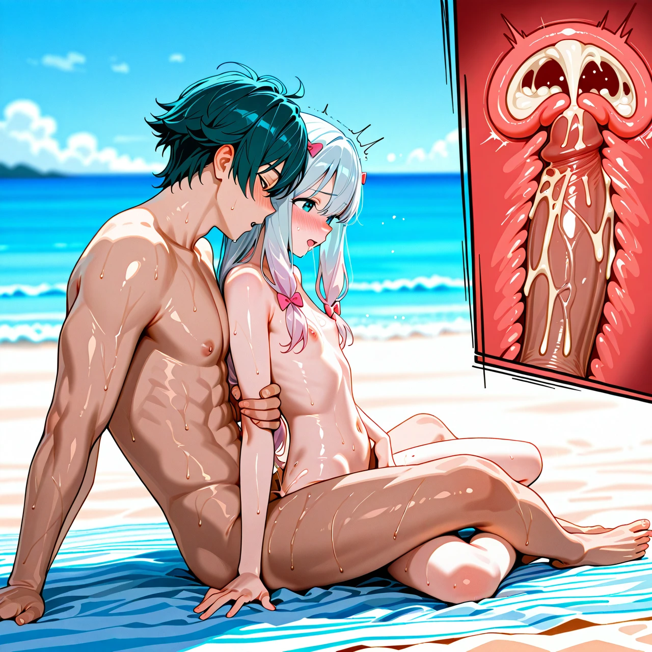 1girl,1boy, girl is @izumi_sagiri , boy is @izumi_masamune , sex In the sea outdoor in the beach , The background is blue sky and ocean, sunny ,  stand (clothed_sex) in  the sea, boy holding girl's arm , show full body , Boy's body is nude , girl's body is nude , girl's face is (torogao) (blush), girl's body are (skinny) (flat_chest) cute, show boy's face and make his body no_strong , show anal (cross-section) ,cum inside