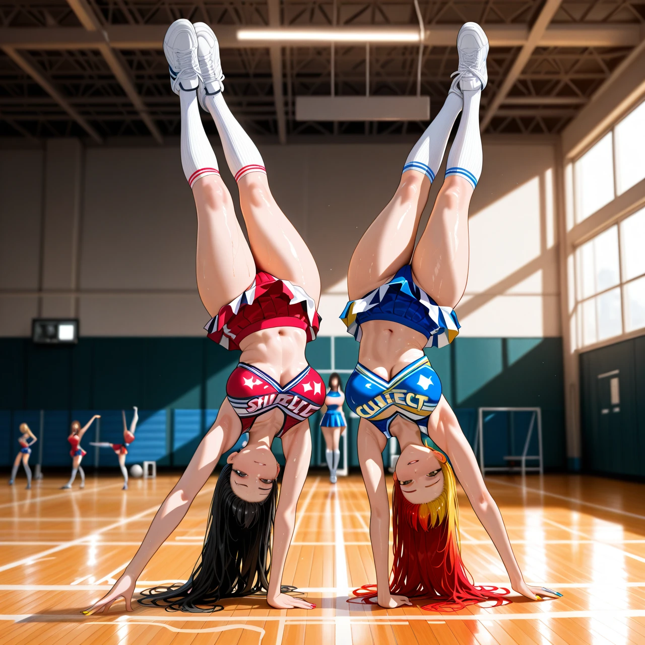 cheerleader, school gym , long hair, dyed hair, dyed nails, (full_body) foot, (stretching) long socks, many girls, (prostitution)  (medium_breasts) (teamwork) (bisexual_female) (handstand) selfie, sneakers, long legs, flexible, (grabbing)