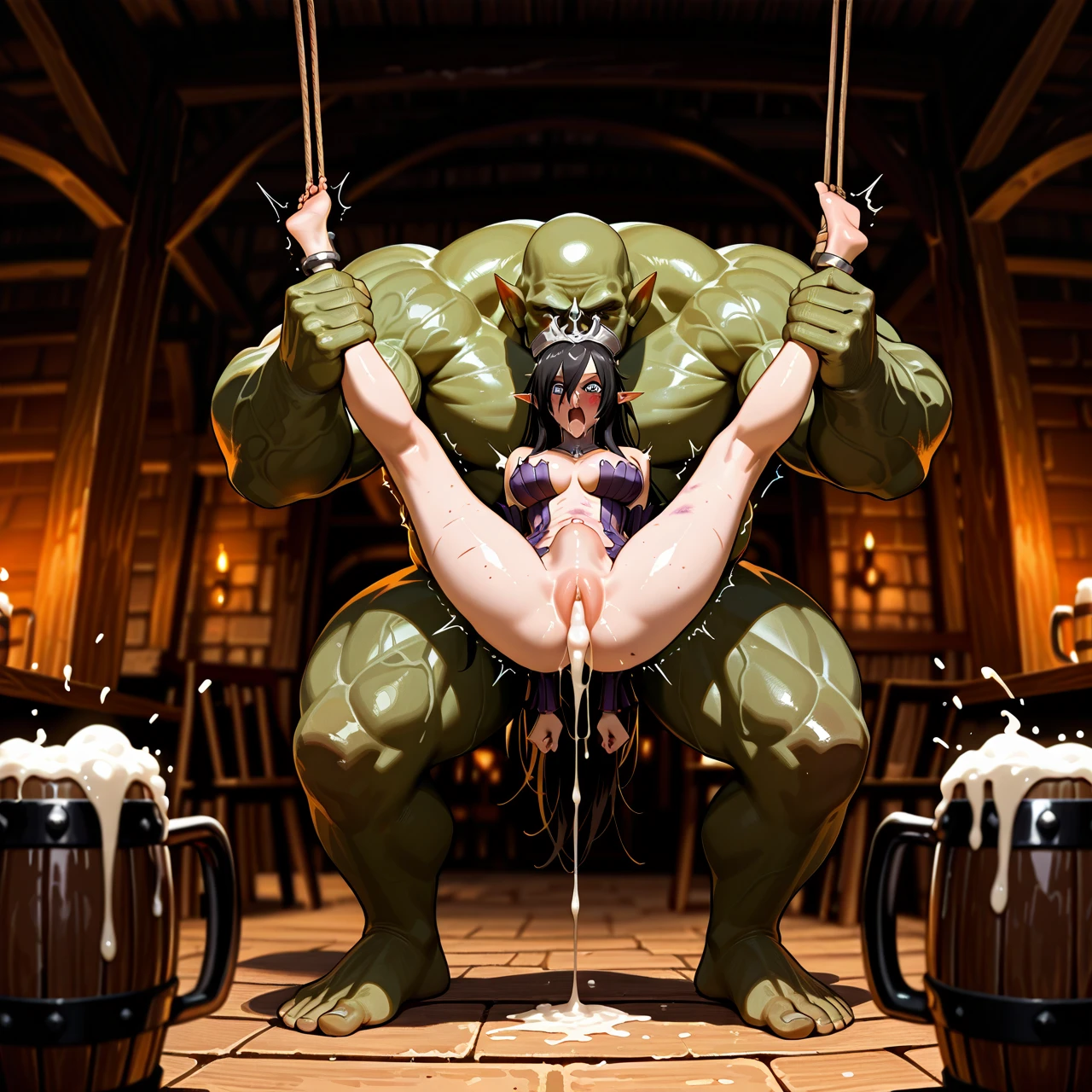 Olga discordia, beer mugs, in a tavern,  (crying) (angry) (spitroast) deep thrusting , (cumdrip) surprised face, (bruised_eye) bruised (stomach_bulge) blushing, surrounded by muscular orc with their dicks out, wide shot, (panicking), looking to the side, surprised face, full body, wide shot, (irrumatio), (suspension),