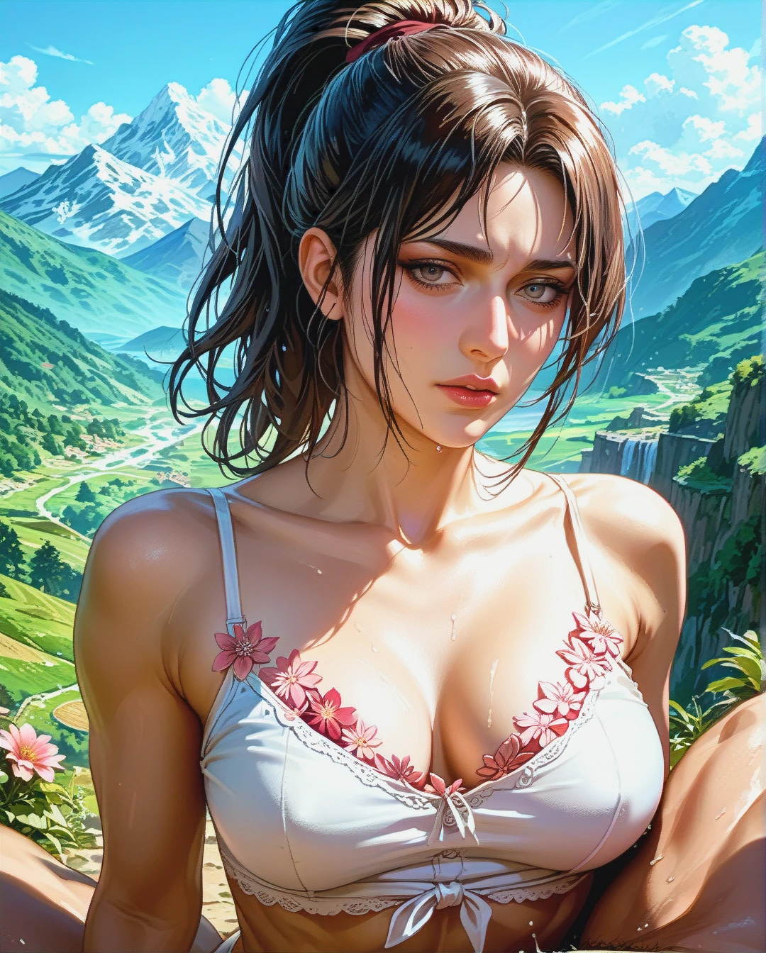 Jang Sun young, mature, attack on Titan, sex sex Breast, mountains,,High Real Realistic Realistic, ponytail ponytail, medium breast,crop top white camisole pink floral,