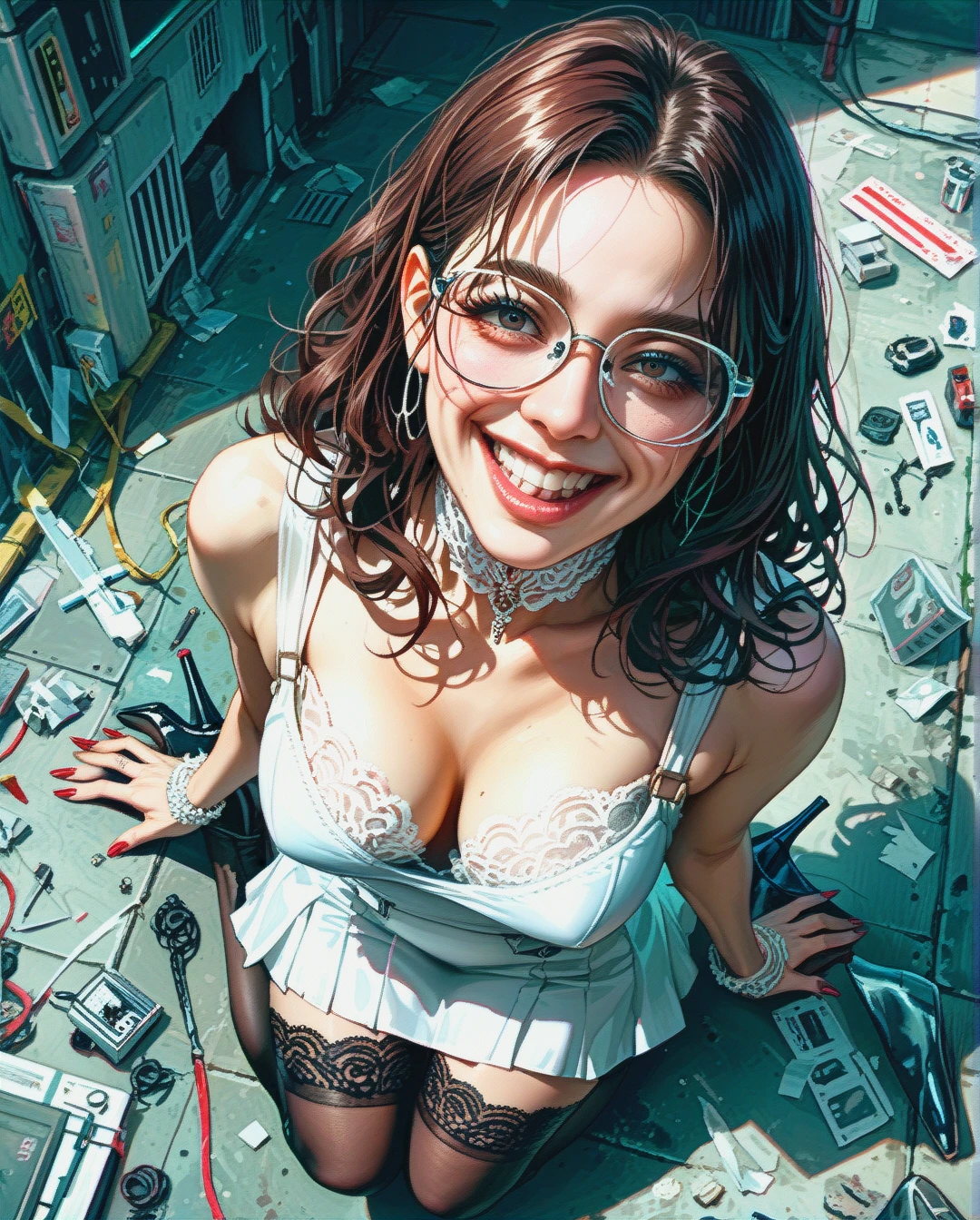 Brunette Girl, 20 Years Old, Glasses, Sexy Highschool Clothes, White lace garter sock, heeled shoes, wavy hairs, Cyberpunk, realistic, happy face.