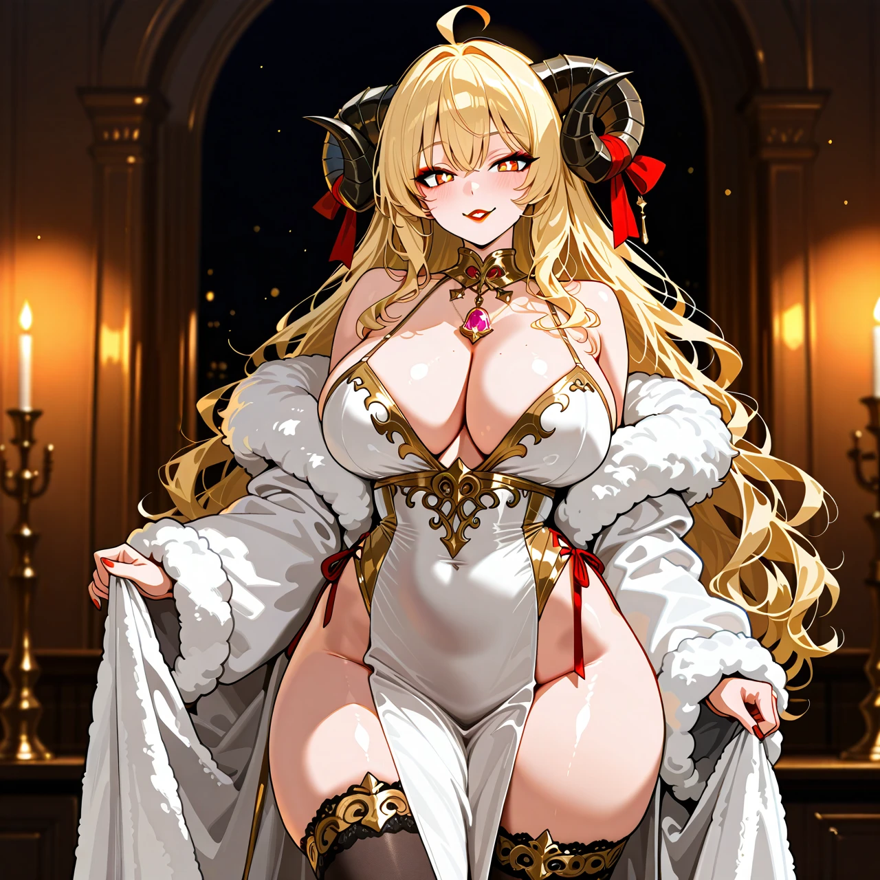 Body=curvy and voluptuous body with an exaggerated hourglass figure. She has large breasts, wide hips, and thick thighs. Her human arms and legs are also well-defined but maintain a soft, plush look.  Head=face features golden, cat-like eyes with sharp pupils, giving her a somewhat playful and mischievous expression. Blonde, fluffy annd wavy long hair. Two large, black ram-like horns curving outward at the top of her head (that make for excellent handlebars) each adorned with a red ribbon. Makeup: golden lipstick + golden eyeshadow.  Clothing=tight-fitting, sleeveless white robes that highlights her curves. The outfit includes a decorative rim around the very low neckline with a pink pendant hanging from it. Thigh-high stockings that start with fluffy sheep's wool.