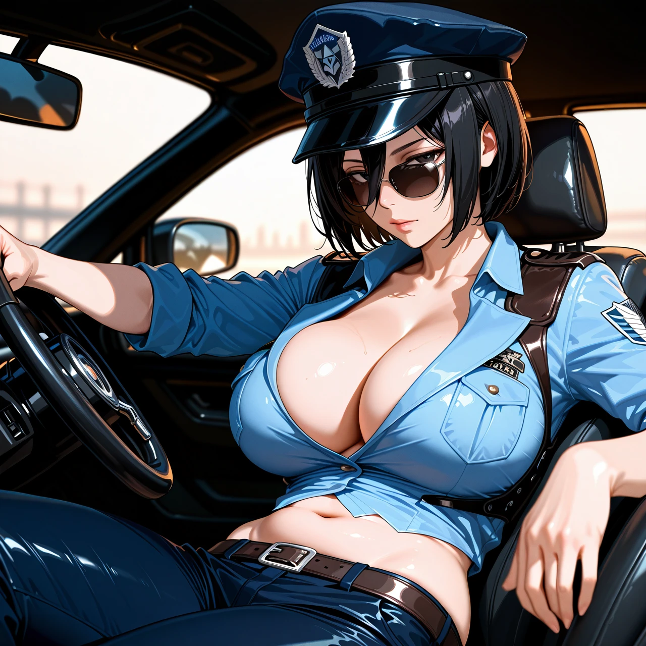 @mikasa_ackerman , solo, (huge_breasts) , clothed, cleavage, in car, sitting, police uniform, sunglasses , no scarf, cap,belly, black hair, hand on handlebar