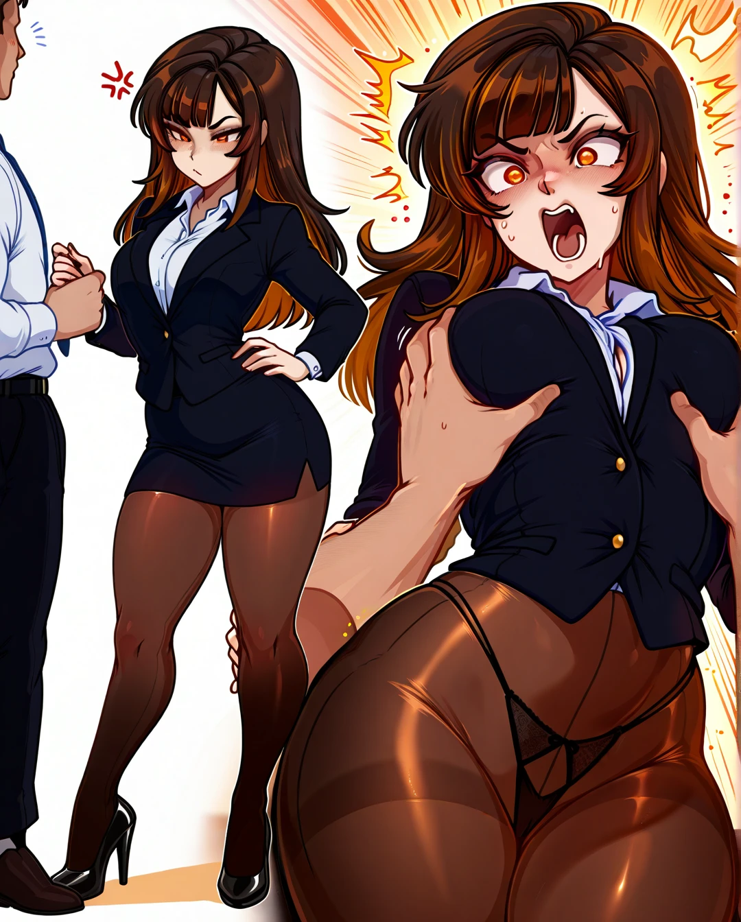 @meruccubus , boy, pale skin, pencil skirt, shirt, beige shined pantyhose, teacher, school class, (standing) , long legs, brown hair, (full_body) , heels , thong  , (angry) ,(arm_grab), (breast_grab) , (screaming) , collage views