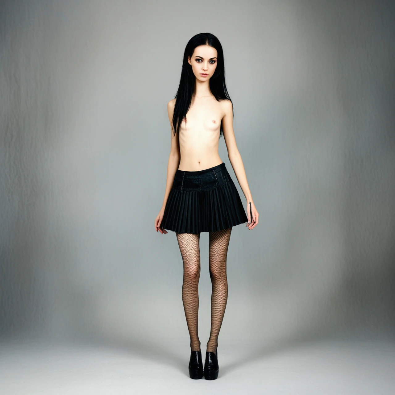 miniature girl, jailbate, teen-like, lolli, skinny, high-school, cute, petite girl, 16yo, pale skin, goth, fishnet, stockings, skirt pleated, topless