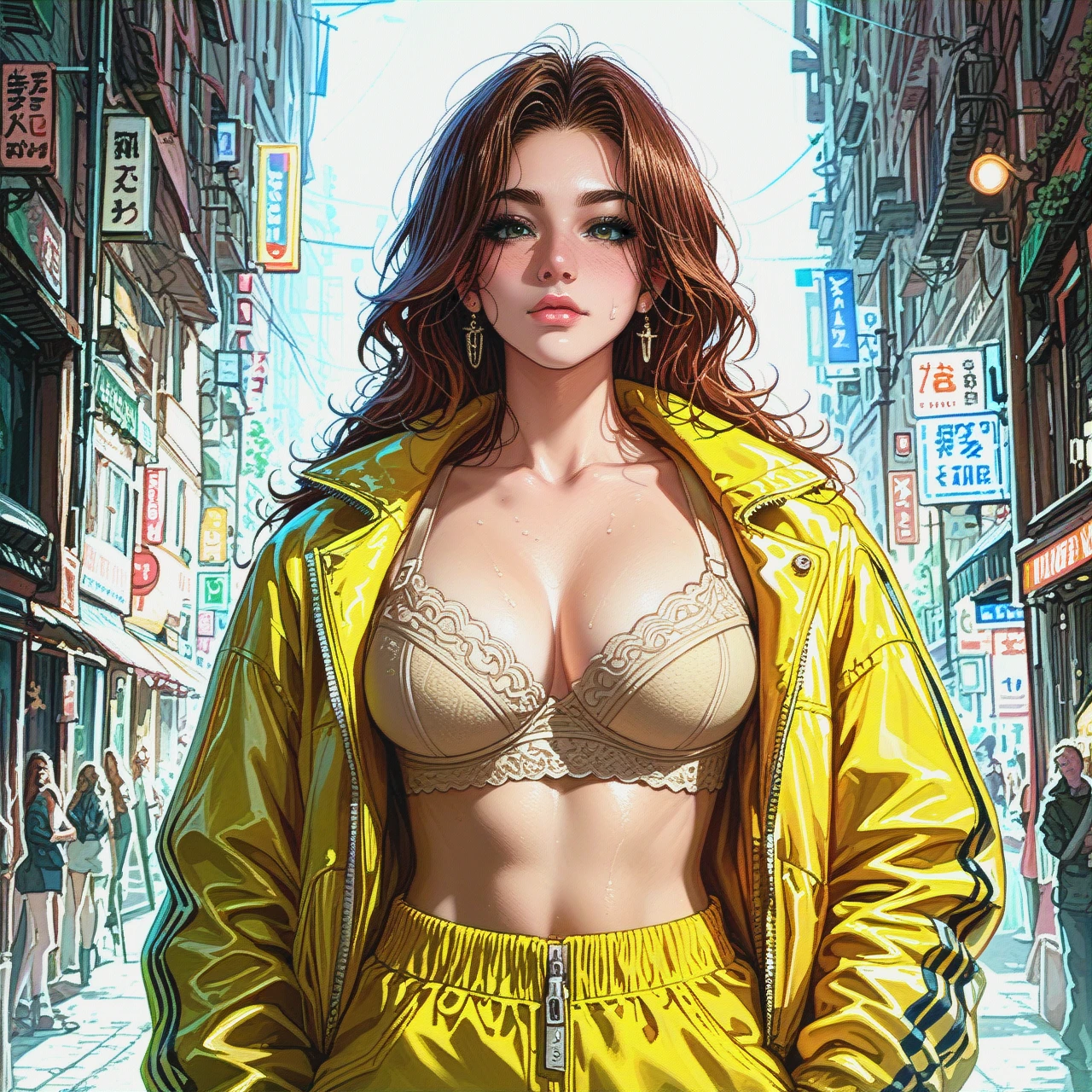 A woman with long brown hair, wearing a bright neon yellow zip-up jacket over a beige bra and bright turquoise sweatpants,  posing in a modern, light-toned interior, with attention to detail on the textures and lighting, capturing the specific fashion style and body proportions.