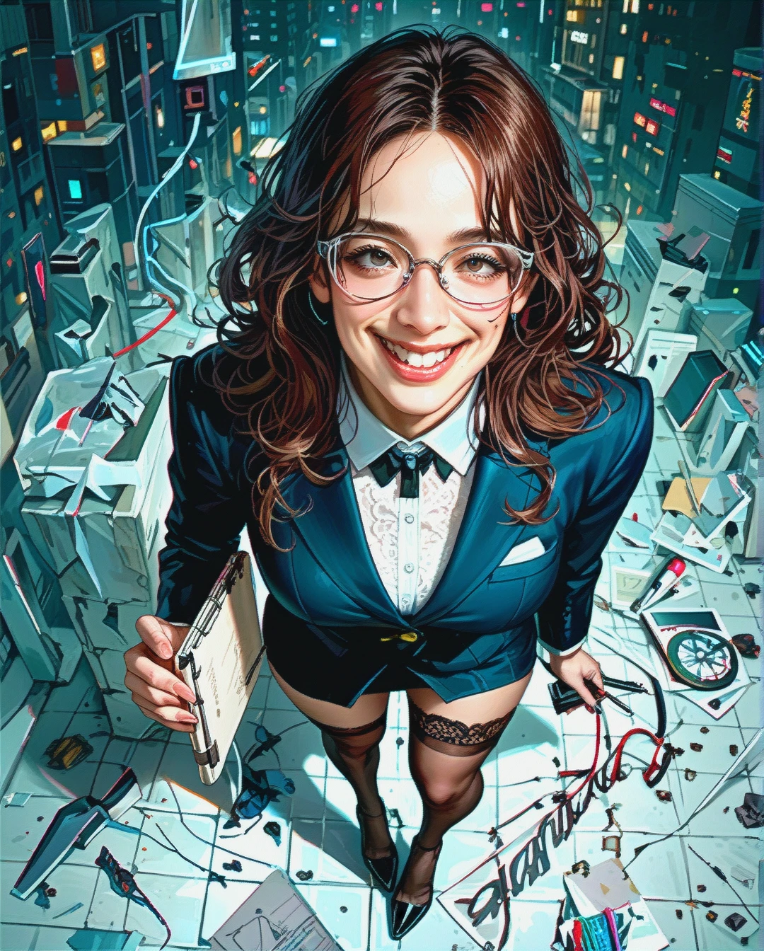 Brunette Girl, 20 Years Old, Glasses, Sexy Highschool Clothes, White lace garter sock, heeled shoes, wavy hairs, Cyberpunk, realistic, happy face, holding notebook.