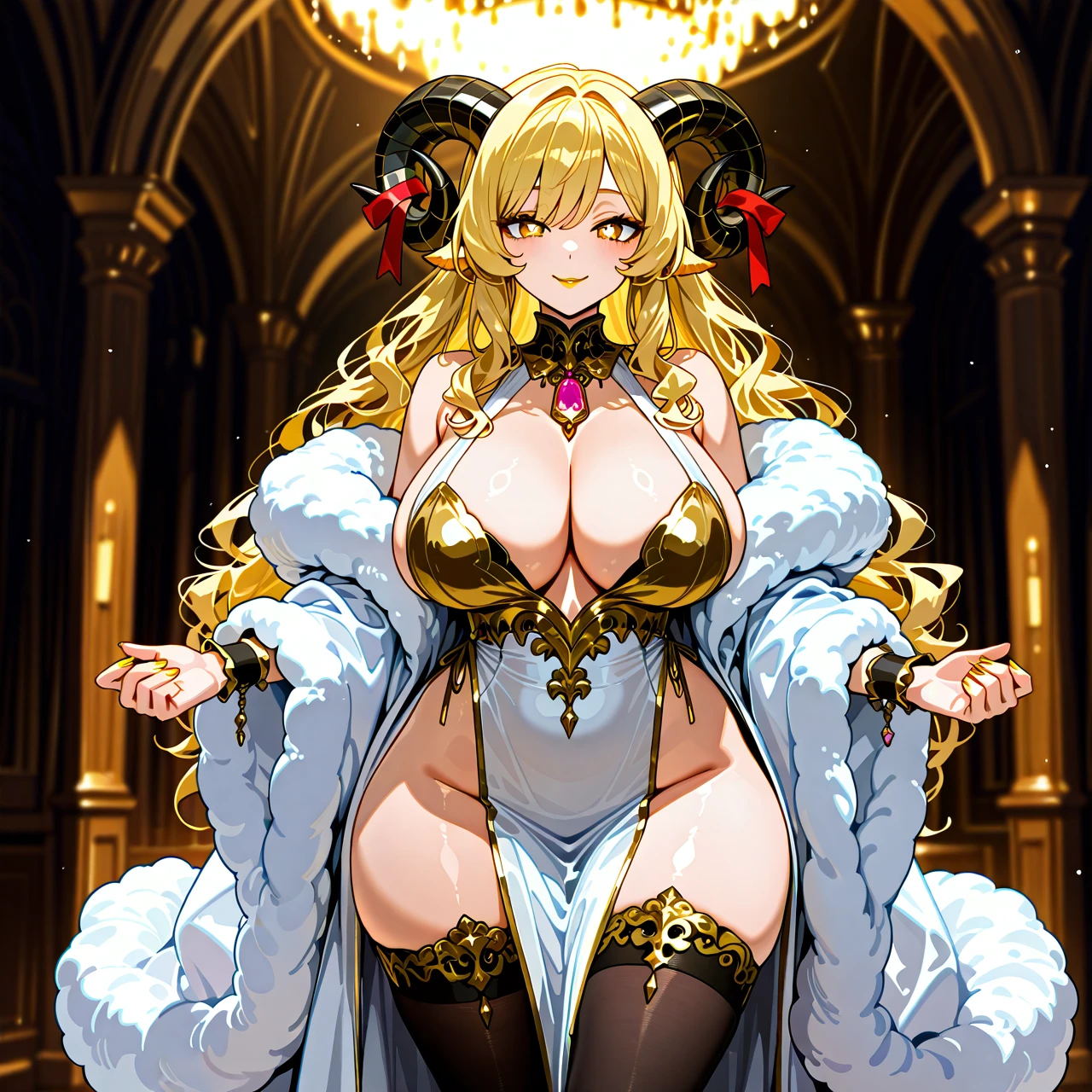 The character has a curvy and voluptuous body with an exaggerated hourglass figure. She has large breasts, wide hips, and thick thighs, giving her a highly stylized and fantasy-like appearance. Her arms and legs are also well-defined but maintain a soft, plush look.  Her face features golden, cat-like eyes with sharp pupils, giving her a somewhat playful and mischievous expression. She has blonde, fluffy annd wavy hair styled in two long, wavy pigtails, each adorned with a red ribbon. At the top of her head, she has two large, black ram-like horns curving outward. + golden lipstick, + golden eyeshadow  As for her clothing, she wears a tight-fitting, sleeveless white robes with black and gold highkights that highlights her curves. The outfit includes a decorative rim around the very low neckline with a pink pendant hanging from it. She also wears thigh-high stockings that end in fluffy, cloud-like sheep's wool. She also wears puffy wrist cuffs that looks like sheep wool