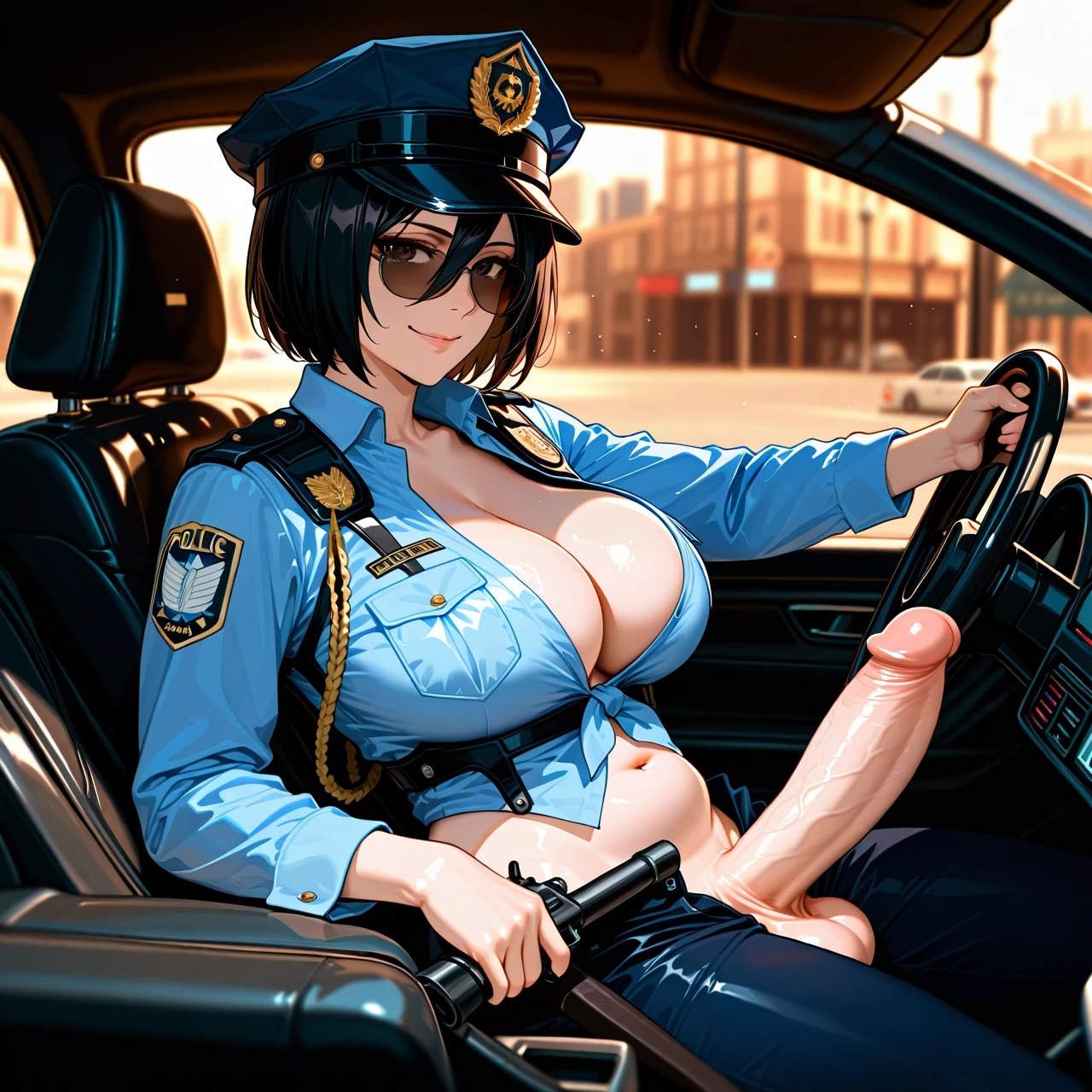 @mikasa_ackerman , 1girls, solo, (huge_breasts) , clothed, cleavage, police car, in car, sitting, police uniform, sunglasses, smile,driving, hand on handlebar , no scarf, cap, (futanari) , big penis, holding gun , balls,belly