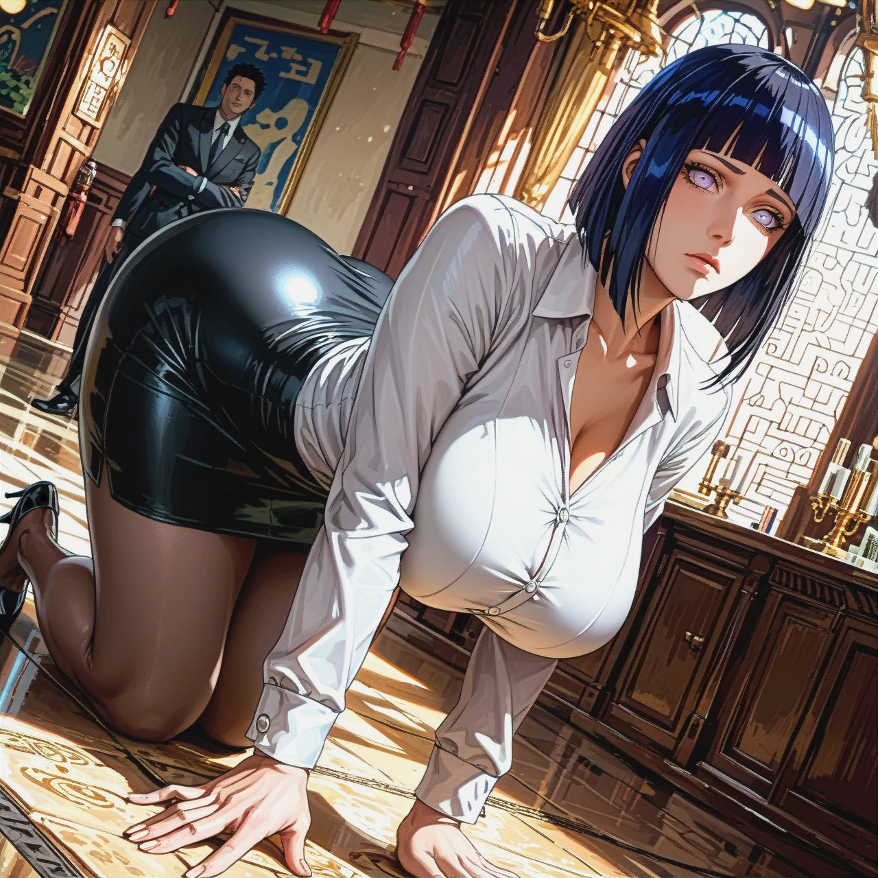 Hinata Hyuuga, expressionless, perfect body, big ass, huge breasts, Boruto: Naruto Next Generations, milf, shoulder-length hair,  alone,Black high heels , Hotel Lobby  , (standing) , Deep black pencil skirt , White silk shirt , Deep black business suit ,  Deep black suit jacket , (cowering) , (prostration) , (head_down) , (all_fours)